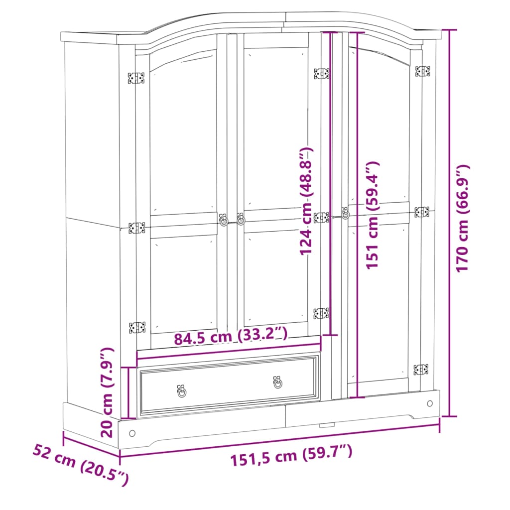 vidaXL Armario Corona madera maciza de pino 151,5x52x170 cm