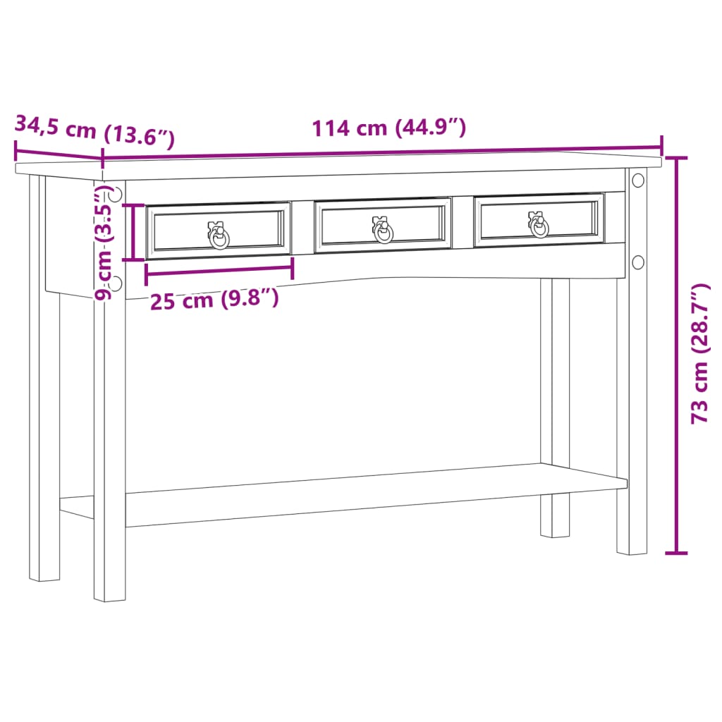 vidaXL Mesa consola Corona madera maciza de pino 114x34,5x73 cm