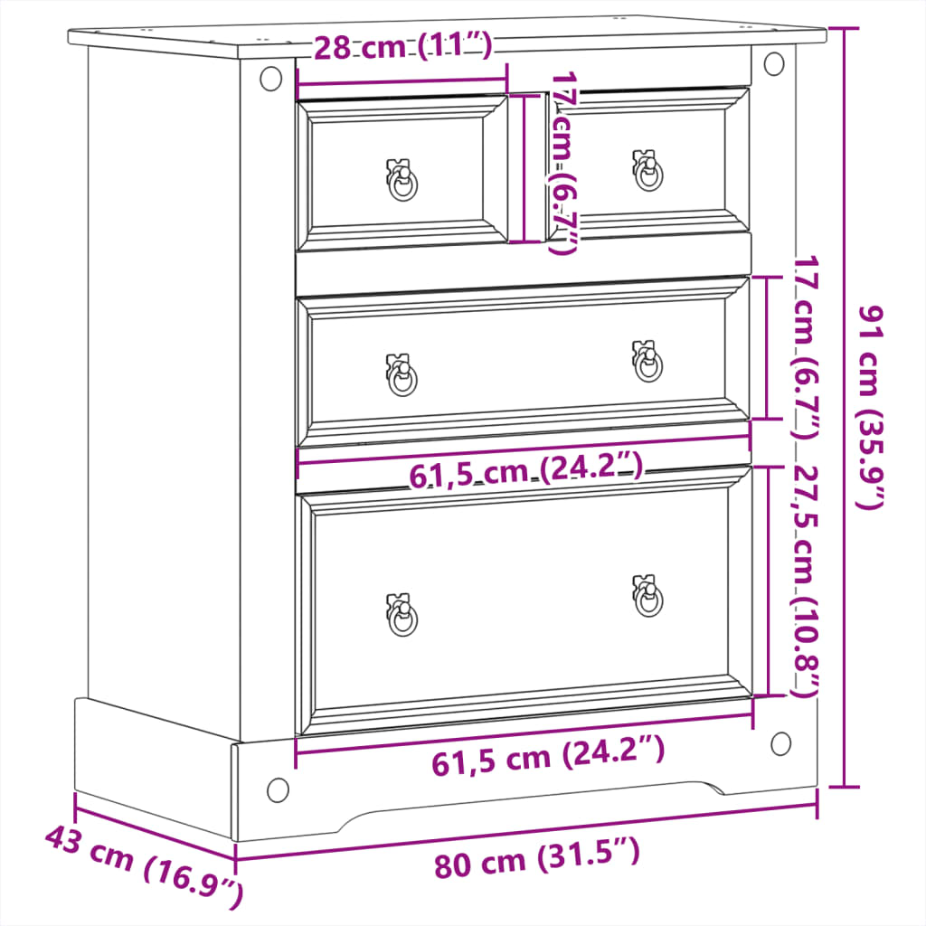 vidaXL Cómoda cajonera Corona madera maciza de pino 80x43x91 cm