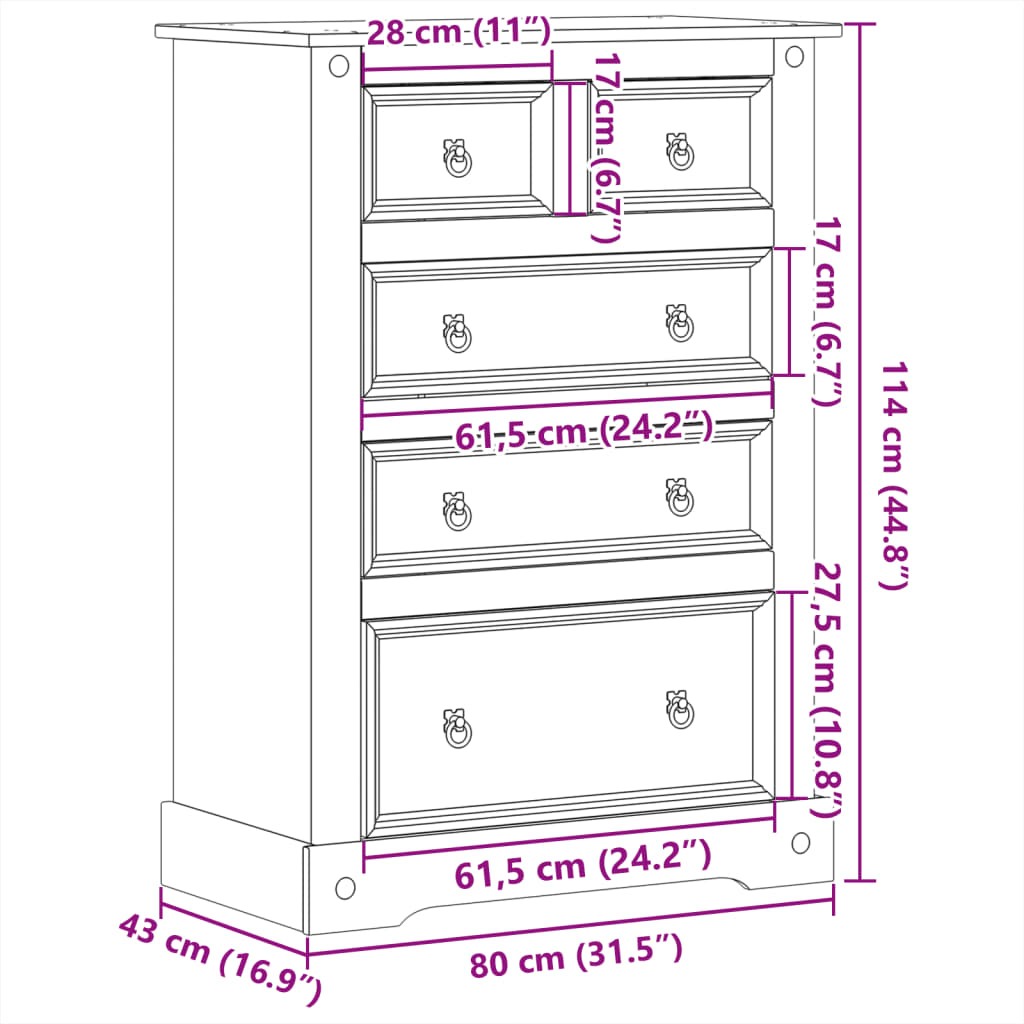 vidaXL Cómoda cajonera Corona madera maciza de pino 80x43x114 cm