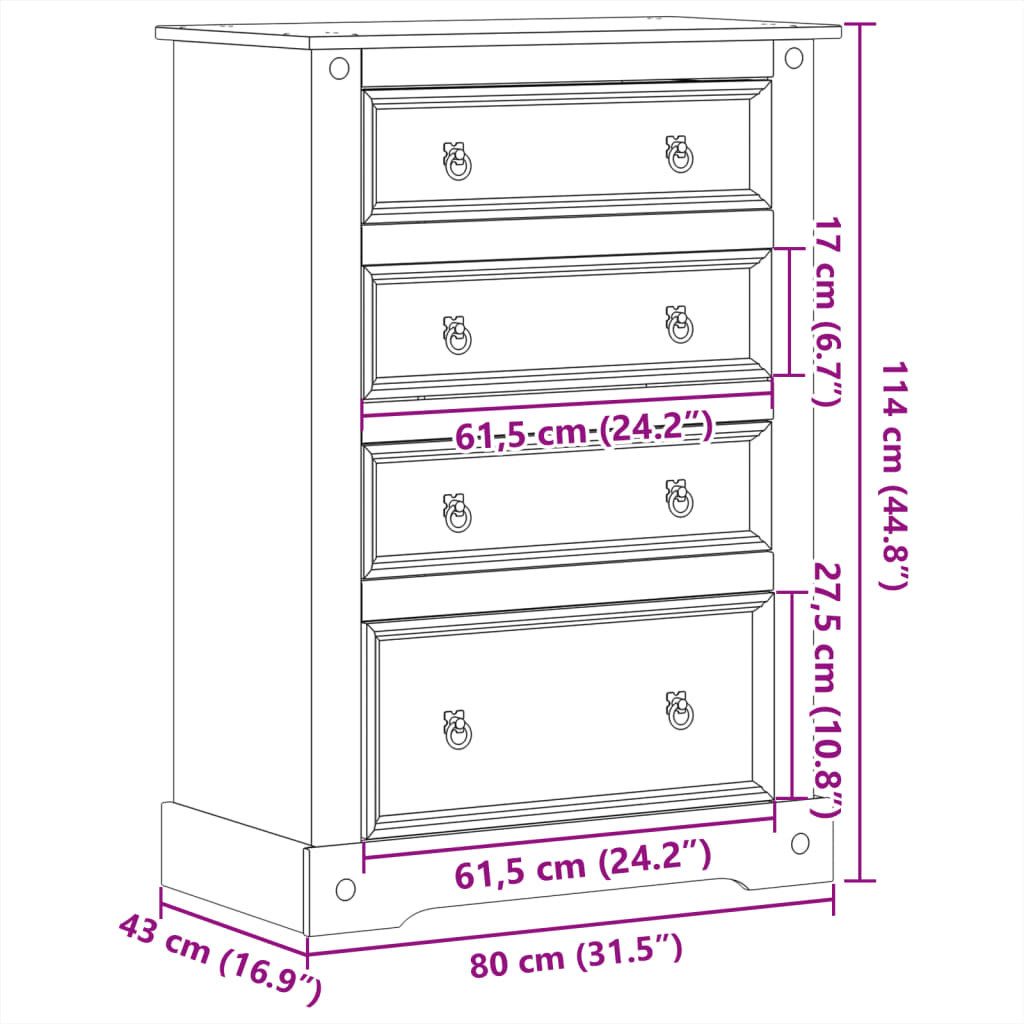 vidaXL Cómoda cajonera Corona madera maciza de pino 80x43x114 cm