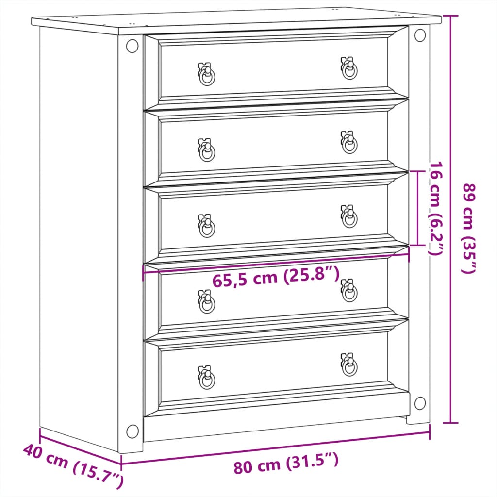 vidaXL Cómoda cajonera Corona madera maciza de pino 80x40x89 cm