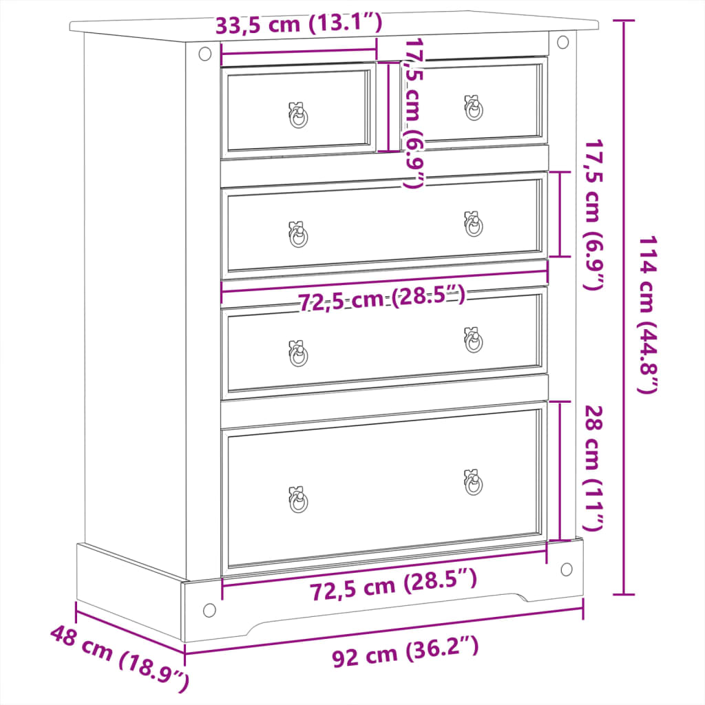 vidaXL Cómoda cajonera Corona madera maciza de pino 92x48x114 cm