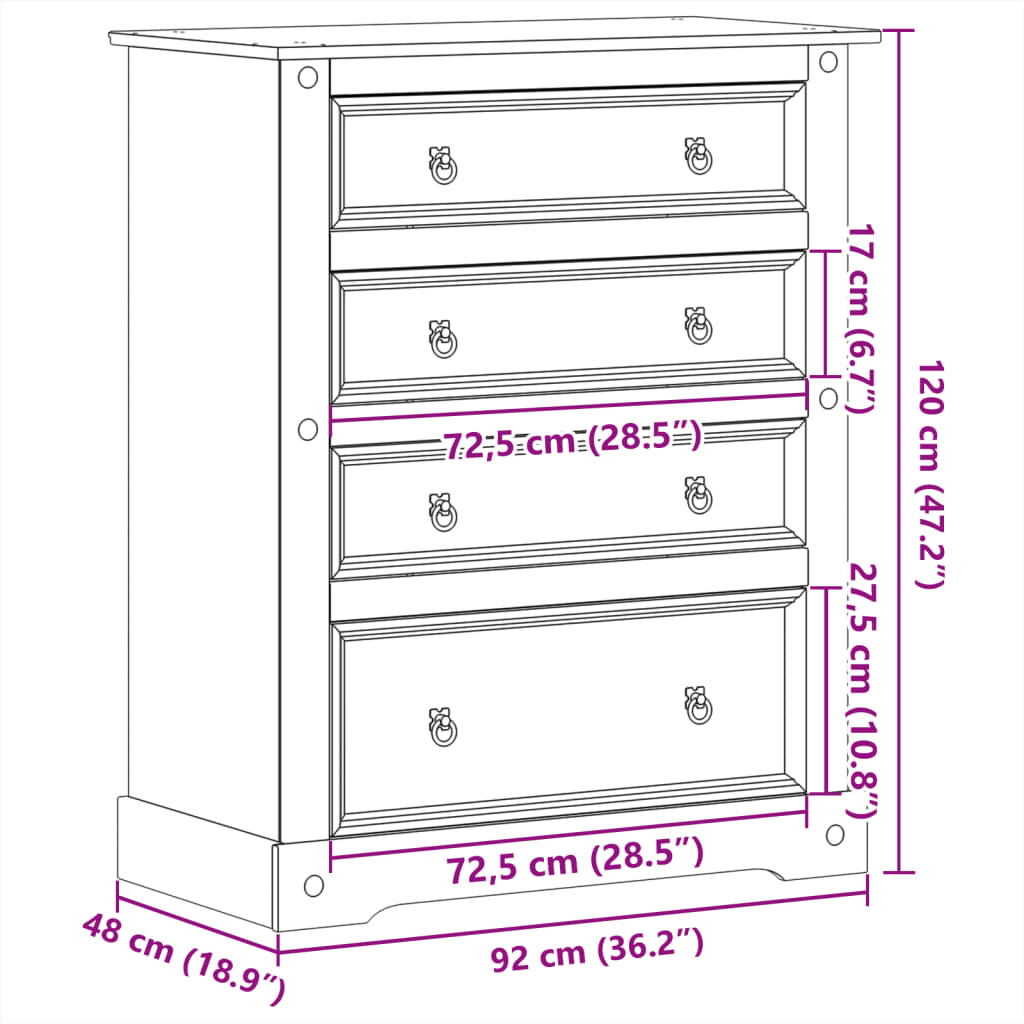 vidaXL Cómoda cajonera Corona madera maciza de pino 92x48x120 cm