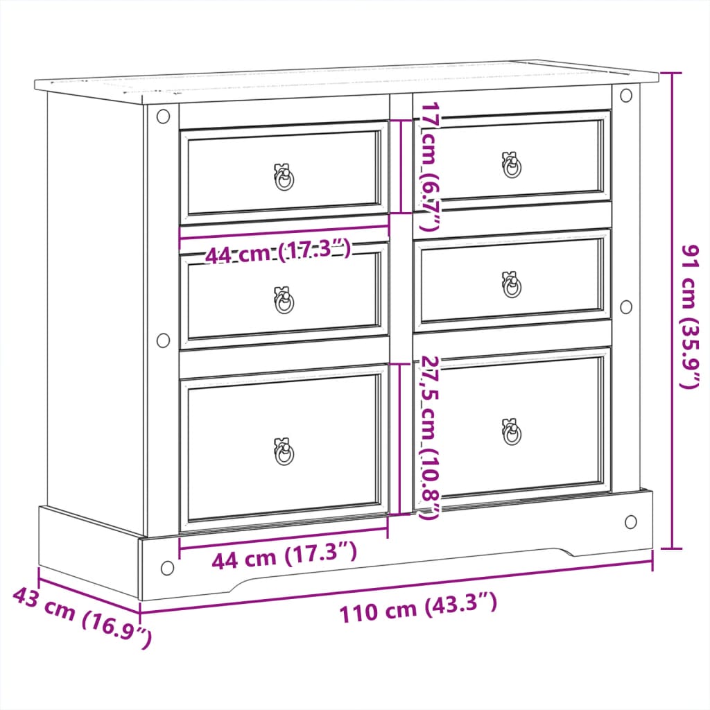 vidaXL Cómoda cajonera Corona madera maciza de pino 110x43x91 cm