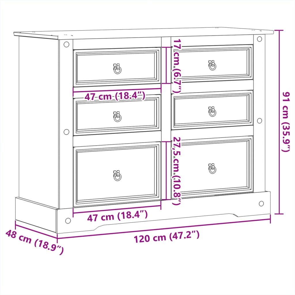 vidaXL Cómoda cajonera Corona madera maciza de pino 120x48x91 cm