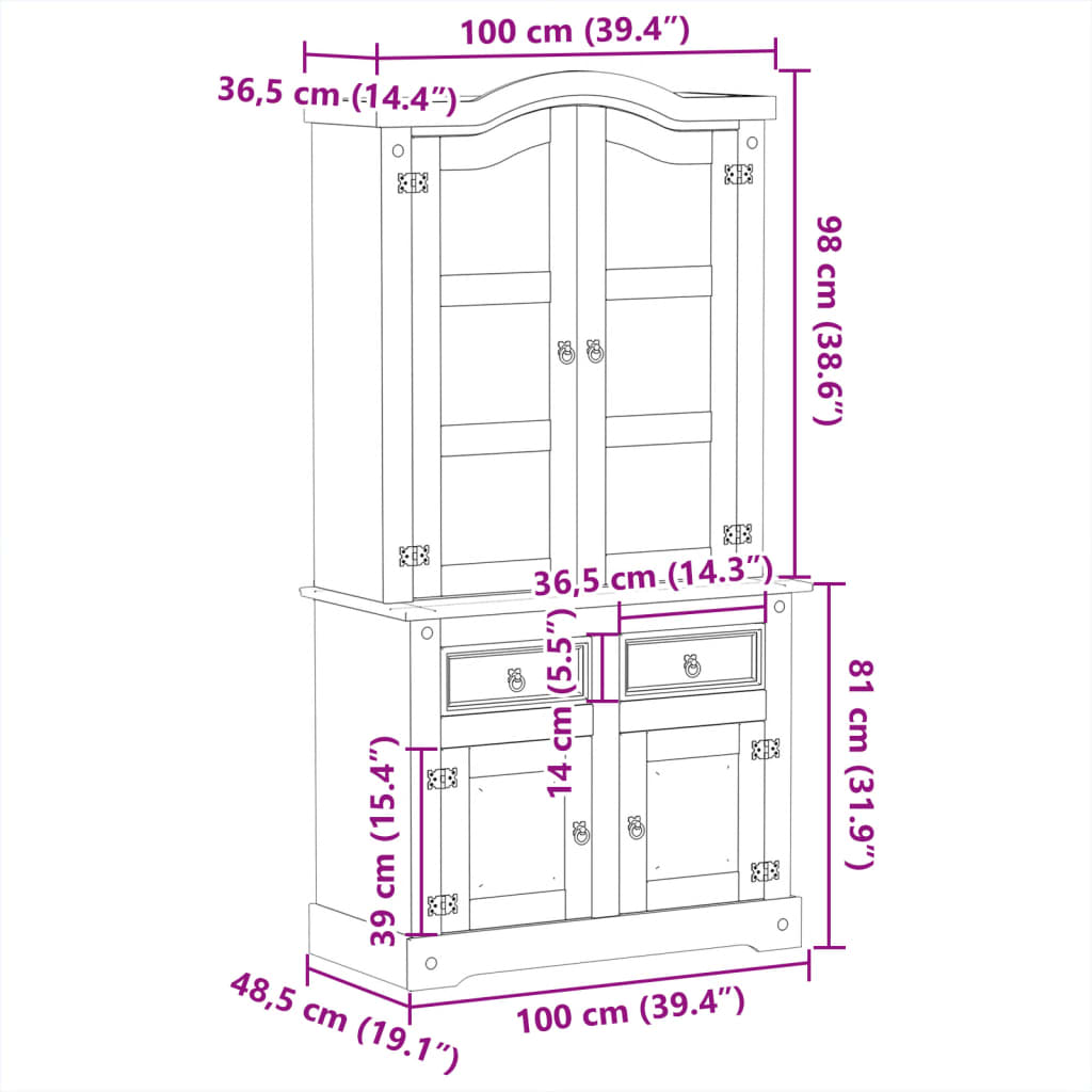 vidaXL Armario con vitrina Corona madera maciza pino 100x48,5x179 cm