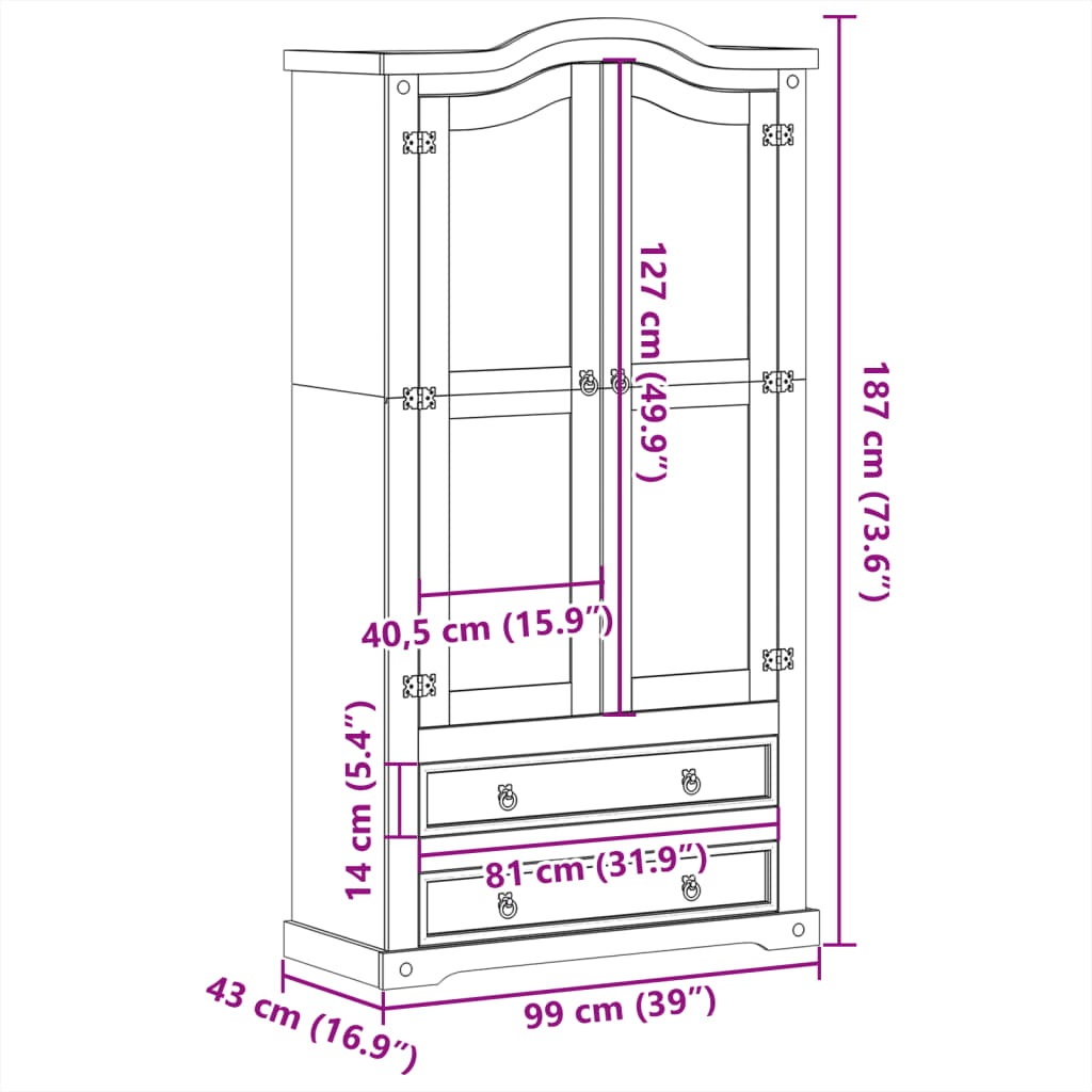 vidaXL Armario con vitrina Corona madera maciza pino 99x43x187 cm