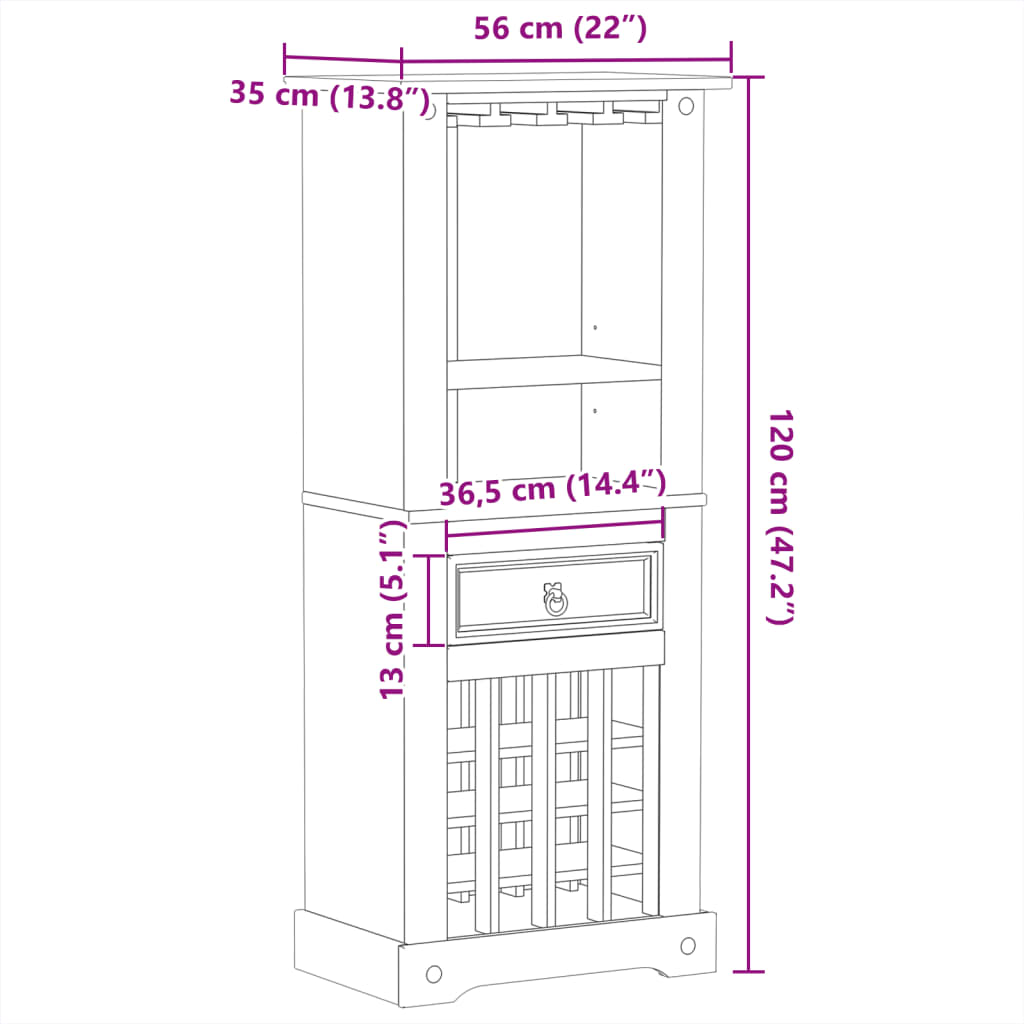 vidaXL Mueble botellero Corona madera maciza de pino 56x35x120 cm