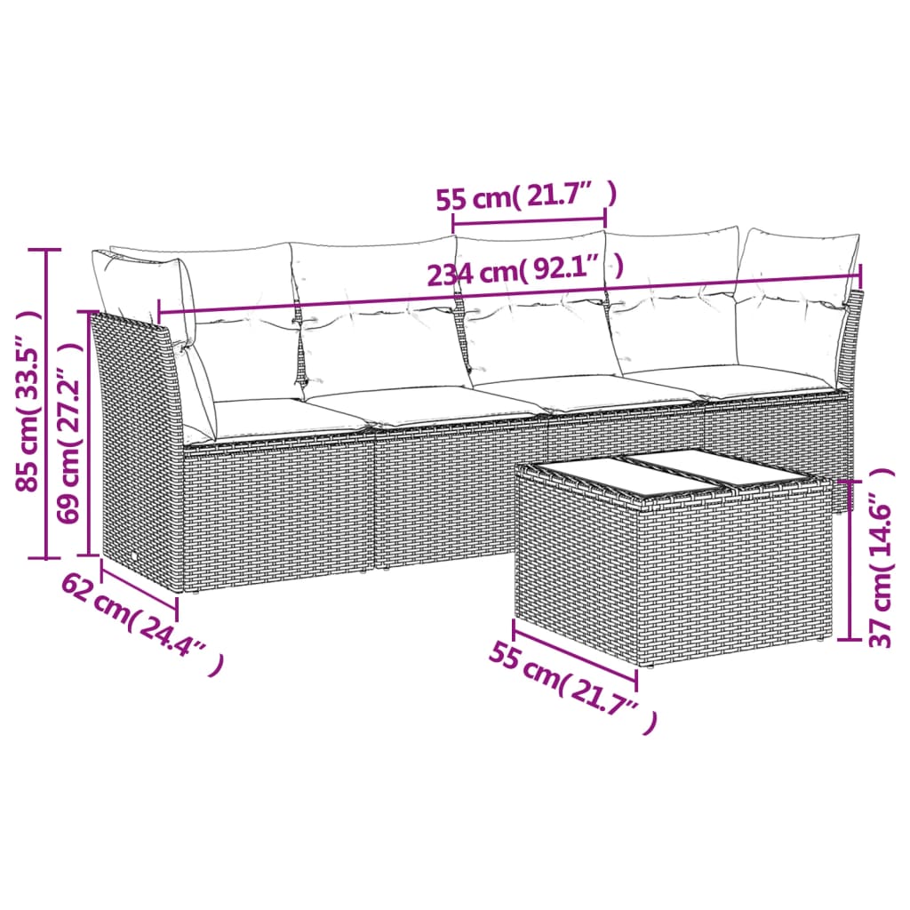 vidaXL Set comedor de jardín 5 piezas y cojines ratán sintético marrón