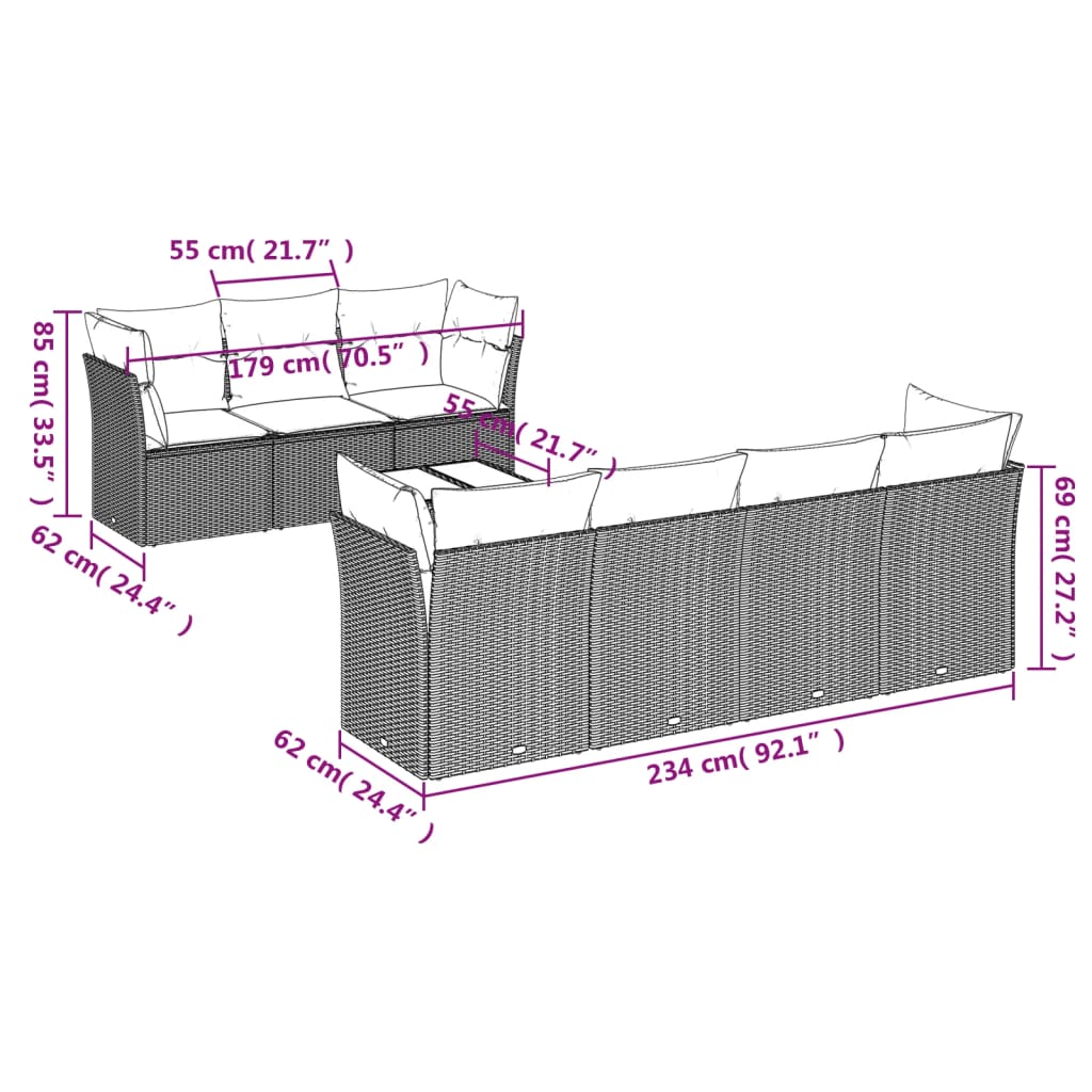 vidaXL Set de sofás de jardín 8 pzas y cojines ratán sintético gris