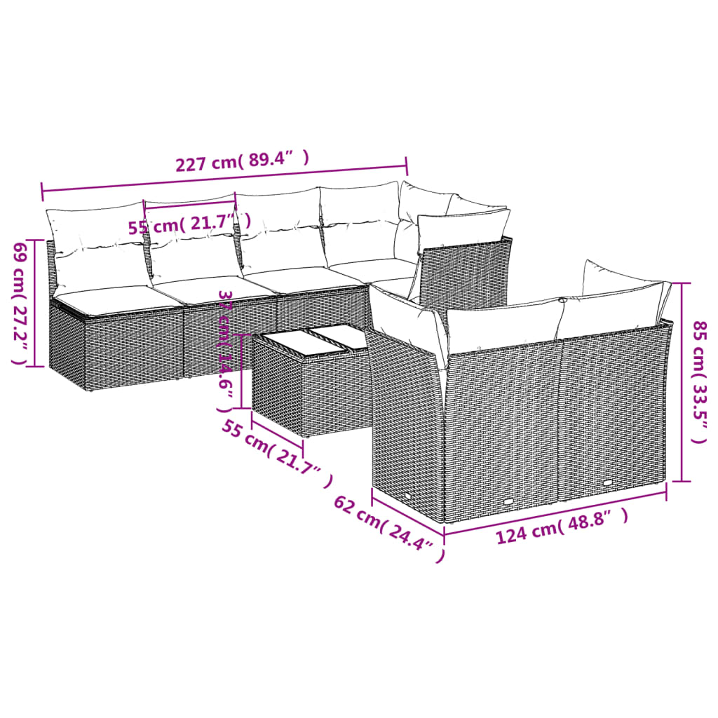 vidaXL Set de sofás de jardín 8 pzas y cojines ratán sintético gris