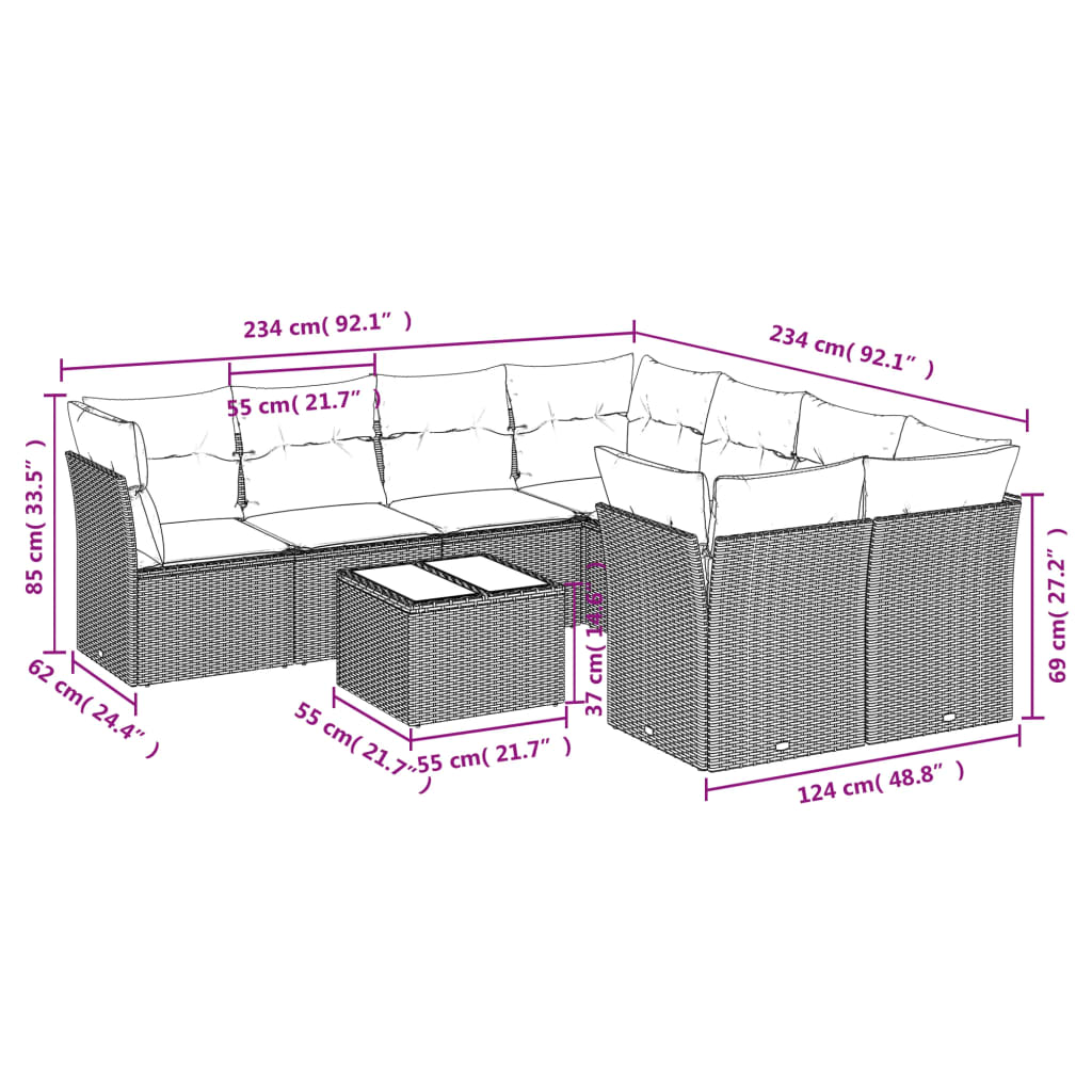 vidaXL Set muebles jardín 9 pzas y cojines ratán sintético gris claro