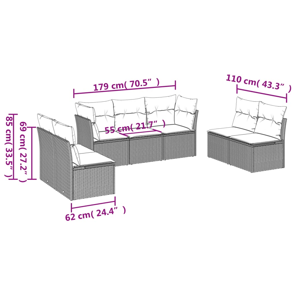 vidaXL Set de sofás de jardín 7 pzas con cojines ratán PE gris claro