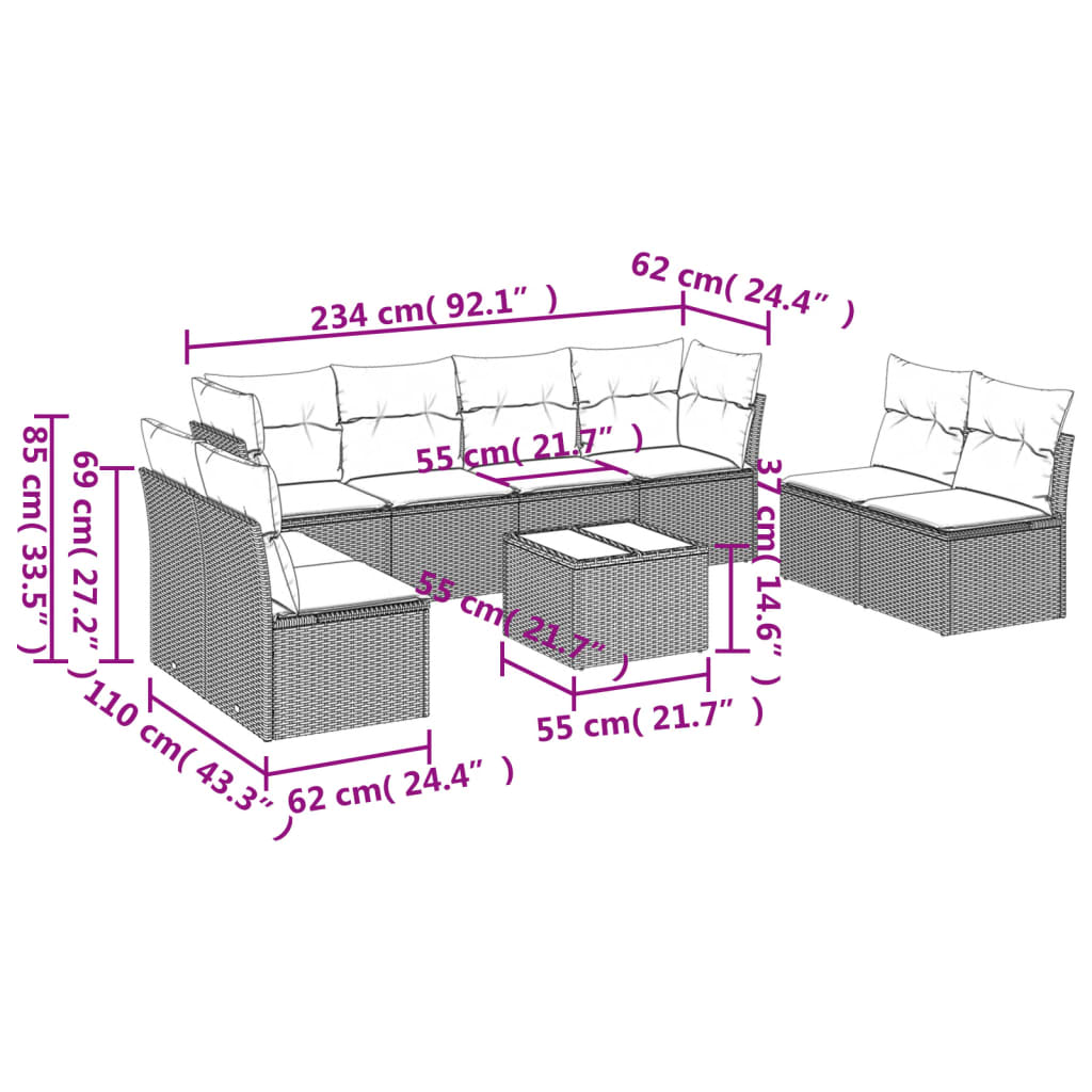 vidaXL Set muebles jardín 9 pzas y cojines ratán sintético gris claro