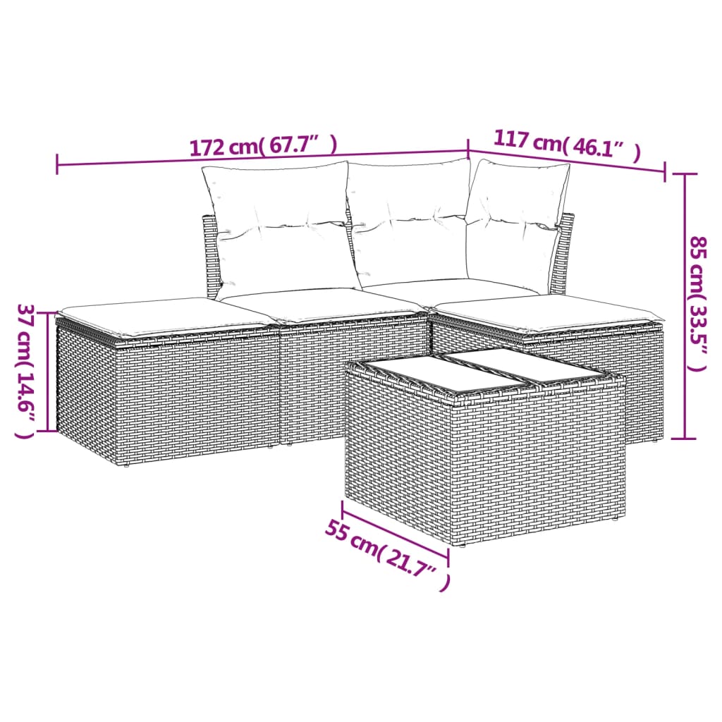 vidaXL Set comedor de jardín 5 piezas y cojines ratán sintético marrón