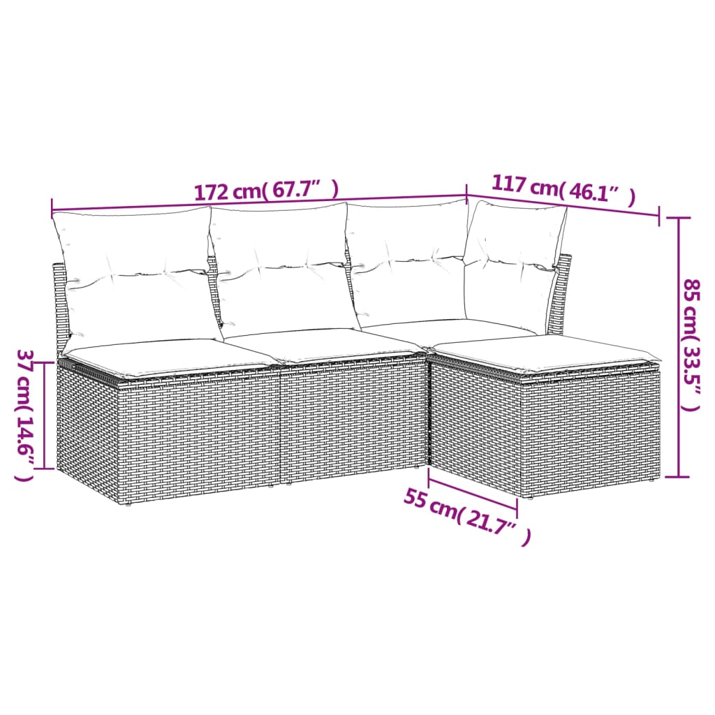 vidaXL Set de sofás de jardín 4 pzas y cojines ratán sintético gris