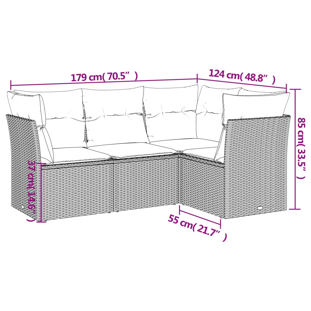 vidaXL Set de sofás de jardín 4 pzas y cojines ratán sintético gris