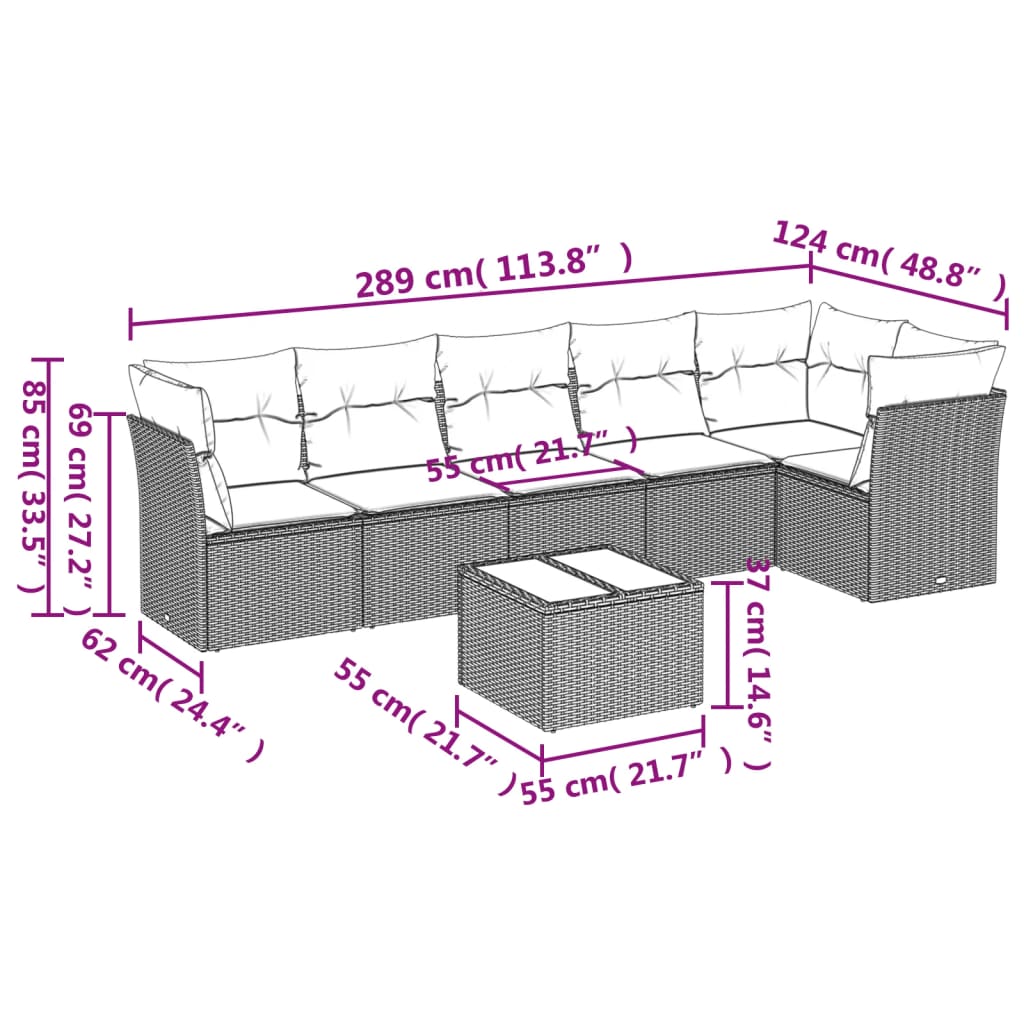 vidaXL Set de sofás de jardín 7 piezas con cojines ratán PE gris