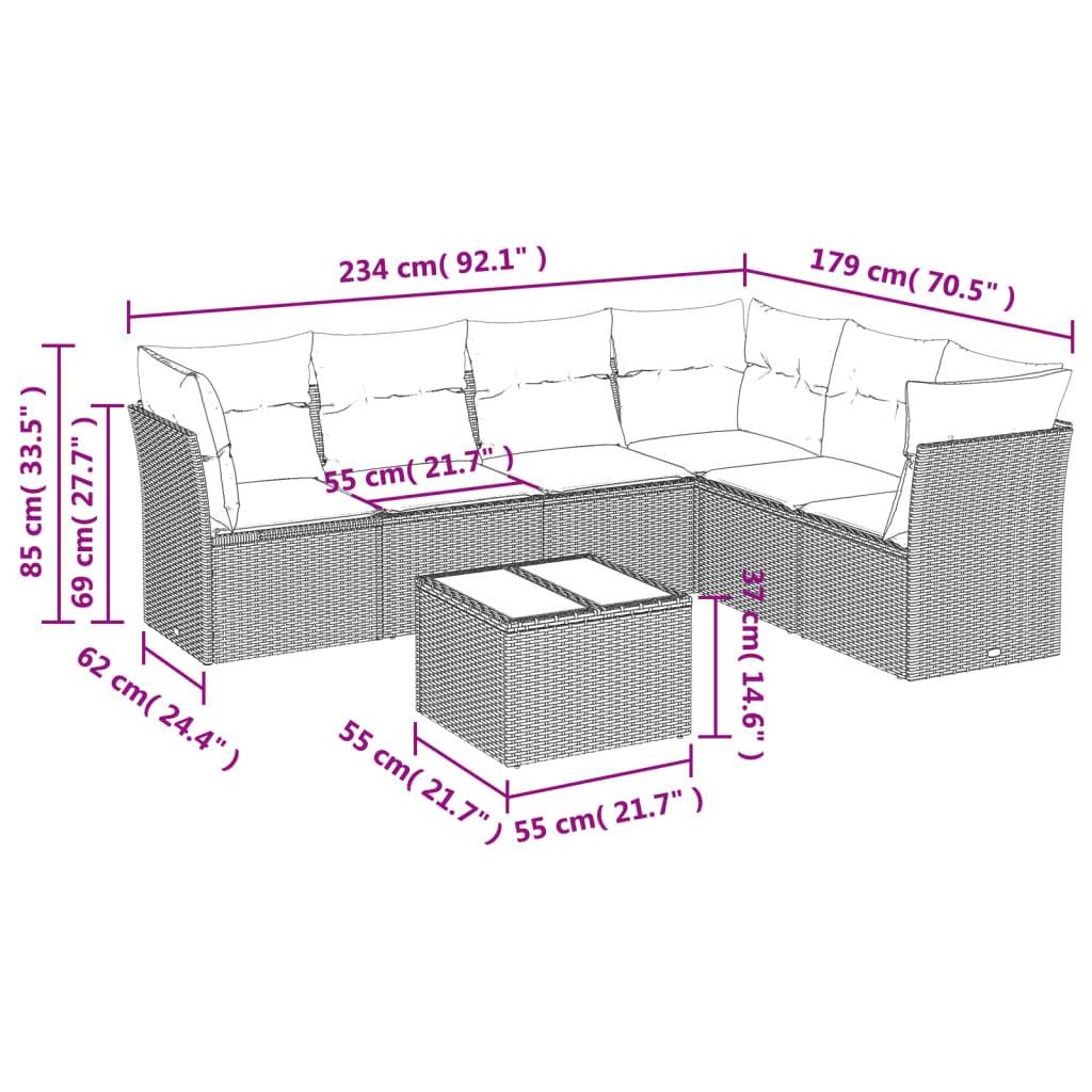 vidaXL Set de sofás de jardín 7 pzas con cojines ratán PE gris claro