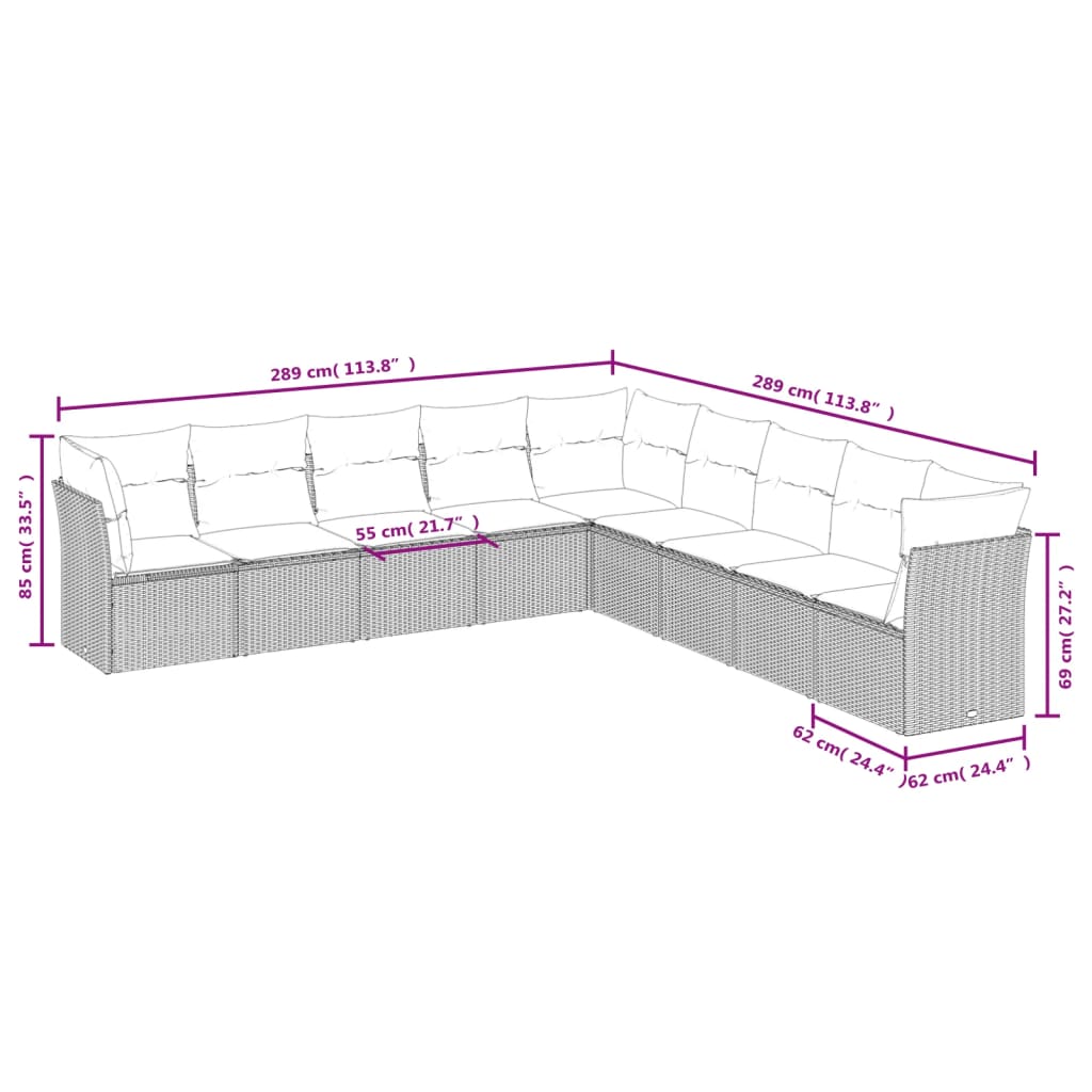 vidaXL Set muebles jardín 9 pzas y cojines ratán sintético gris claro