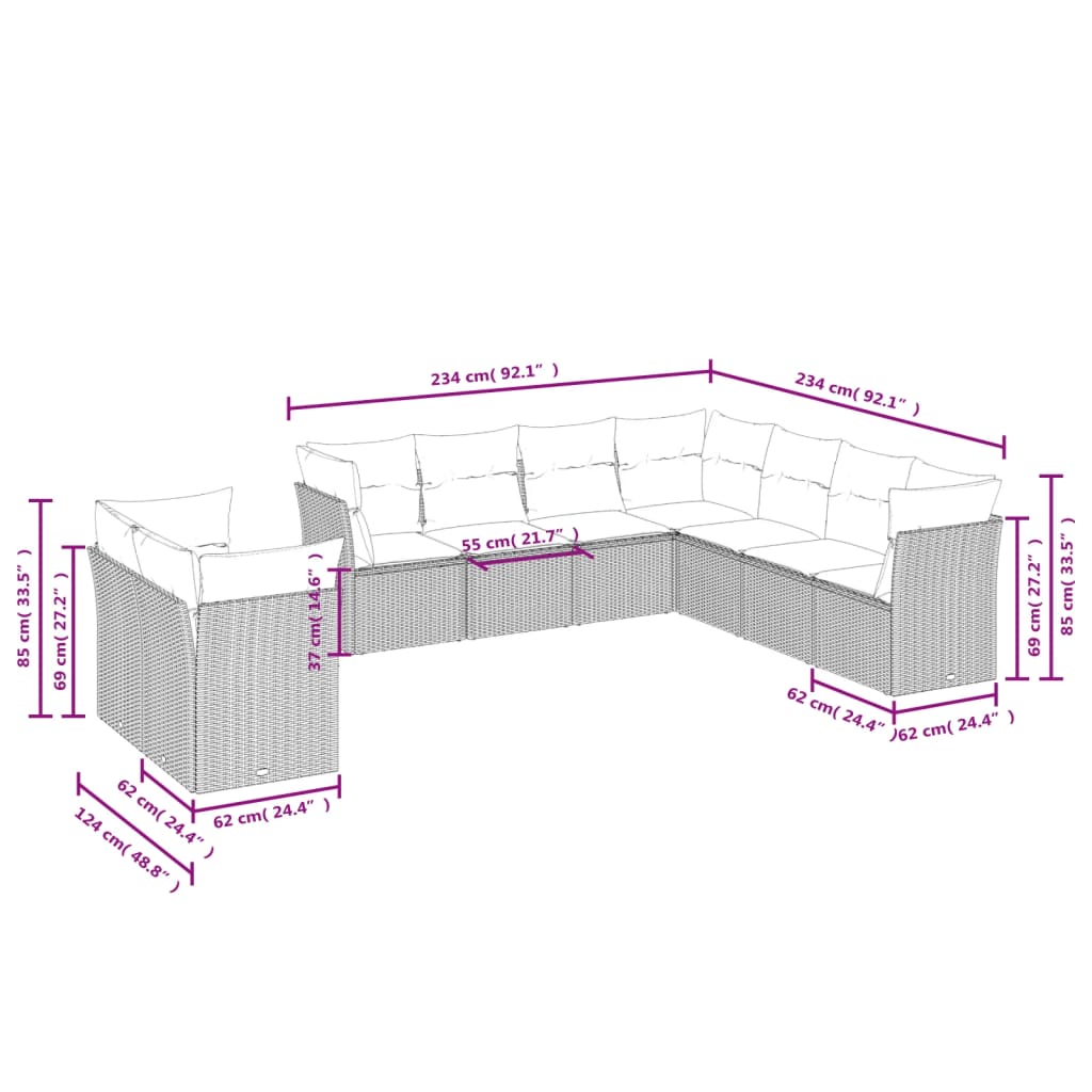 vidaXL Set de sofás de jardín 9 pzas con cojines ratán sintético beige