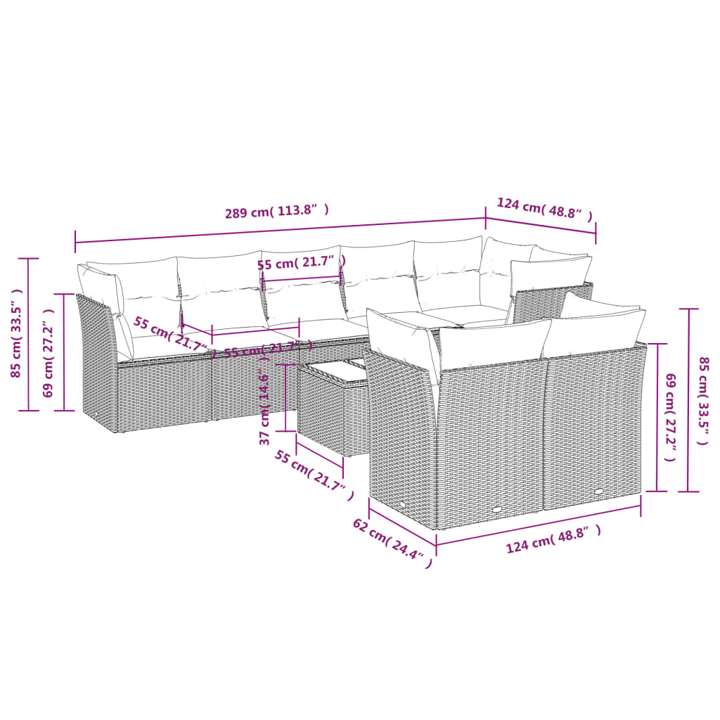 vidaXL Set de sofás de jardín 9 pzas con cojines ratán sintético beige