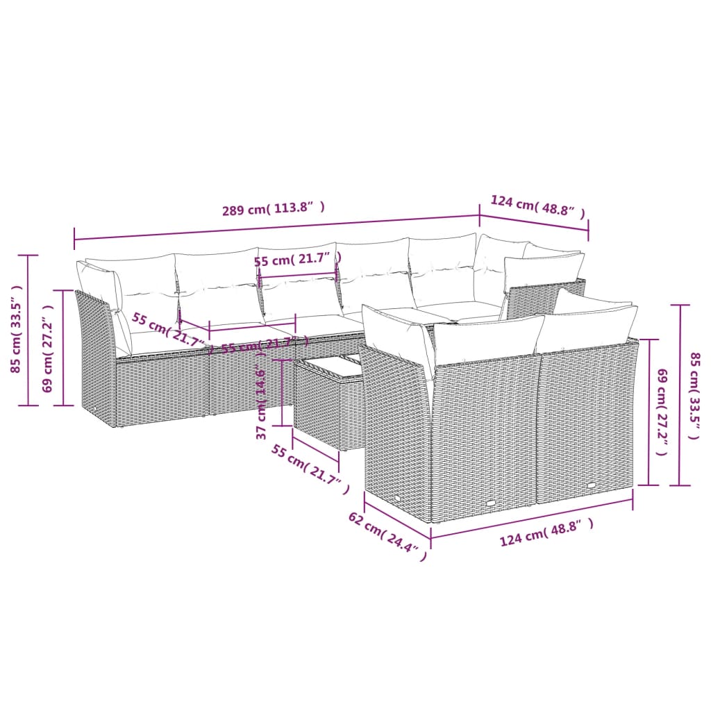 vidaXL Set muebles jardín 9 pzas y cojines ratán sintético gris claro