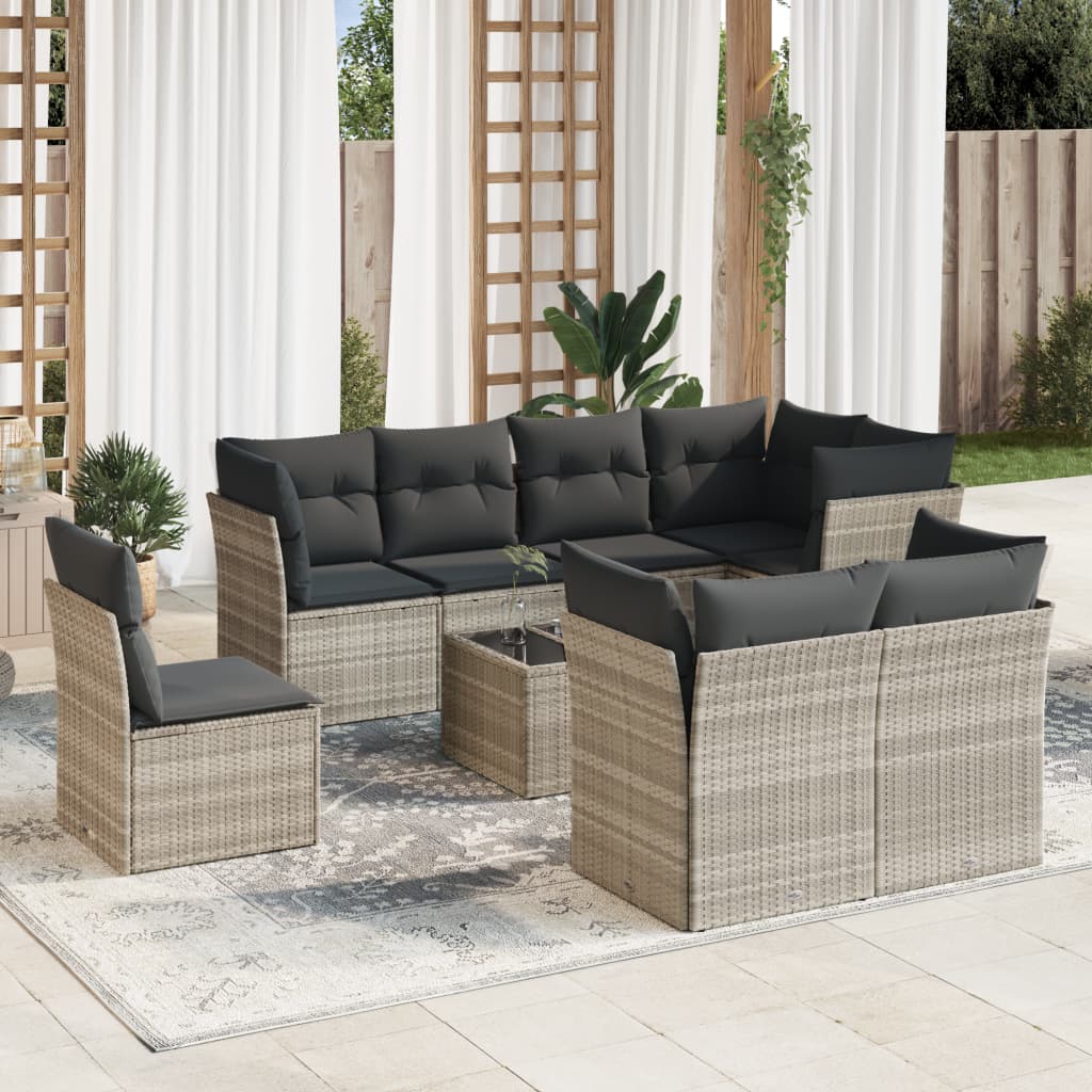 vidaXL Set muebles jardín 9 pzas y cojines ratán sintético gris claro