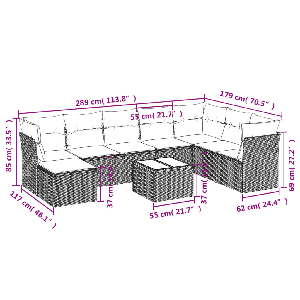 vidaXL Set muebles jardín 9 pzas y cojines ratán sintético gris claro