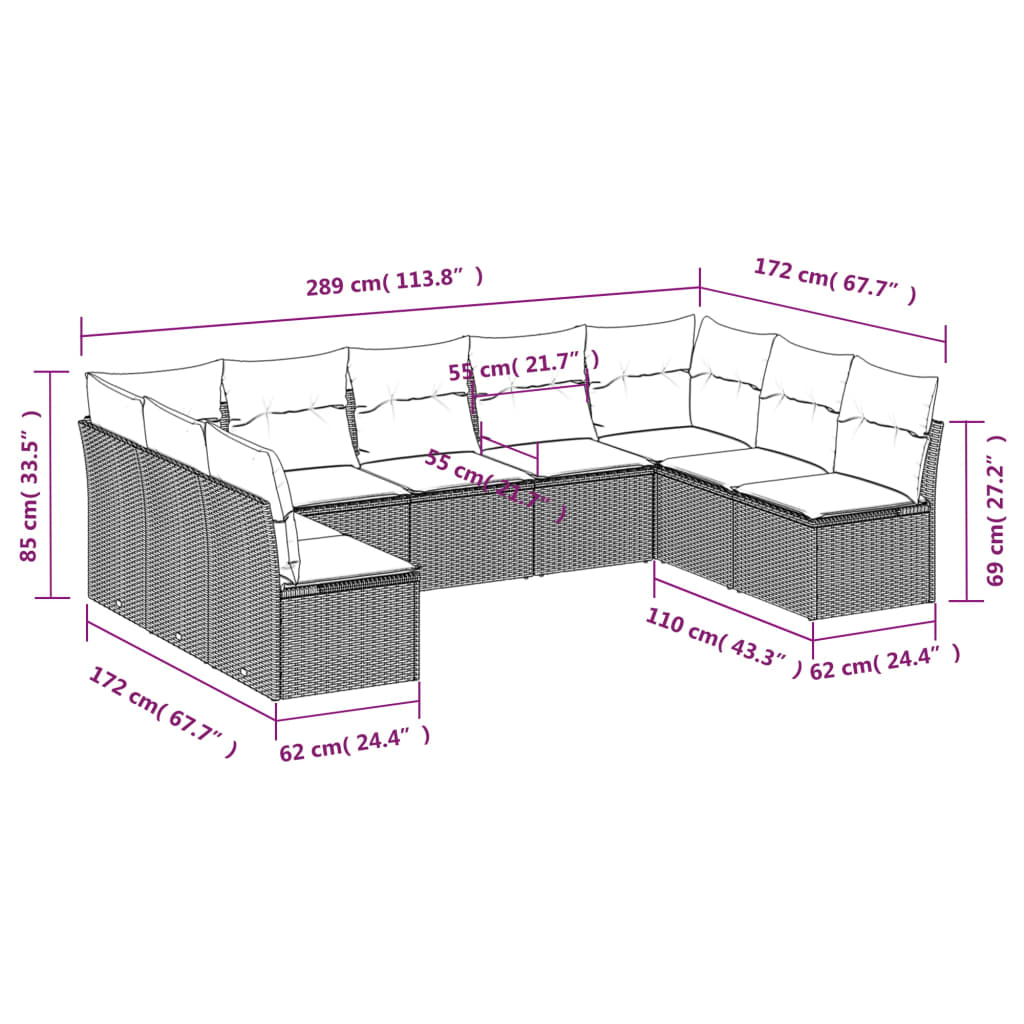 vidaXL Set muebles jardín 9 pzas y cojines ratán sintético gris claro