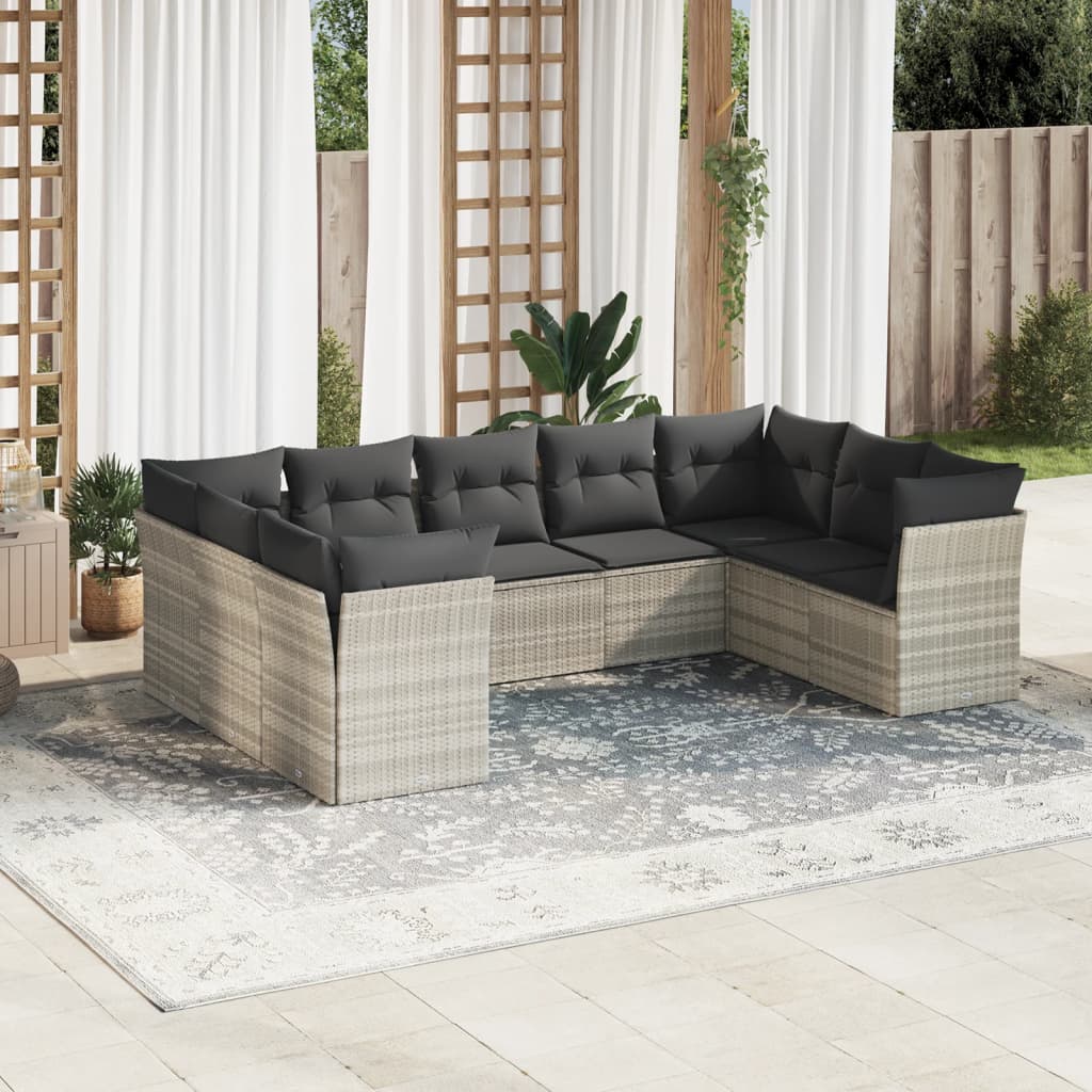 vidaXL Set muebles jardín 9 pzas y cojines ratán sintético gris claro