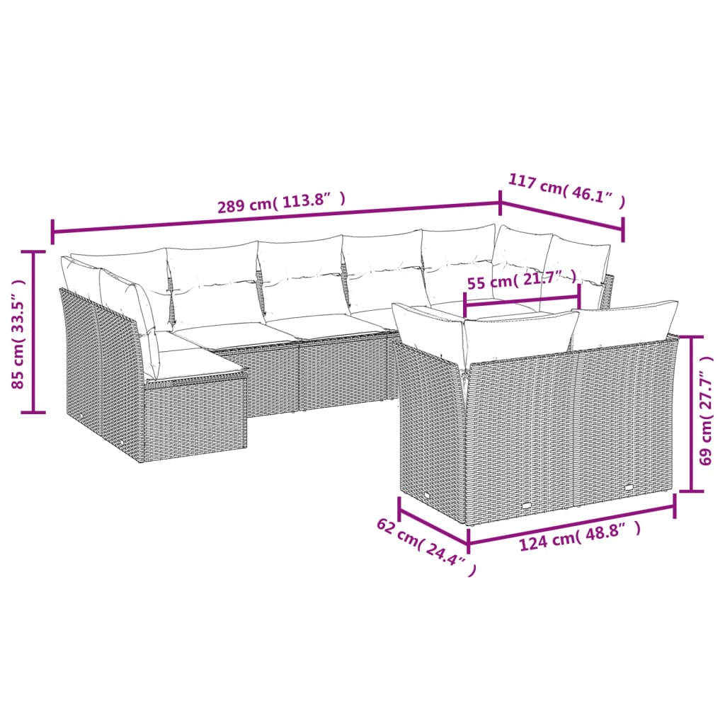 vidaXL Set muebles jardín 9 pzas y cojines ratán sintético gris claro