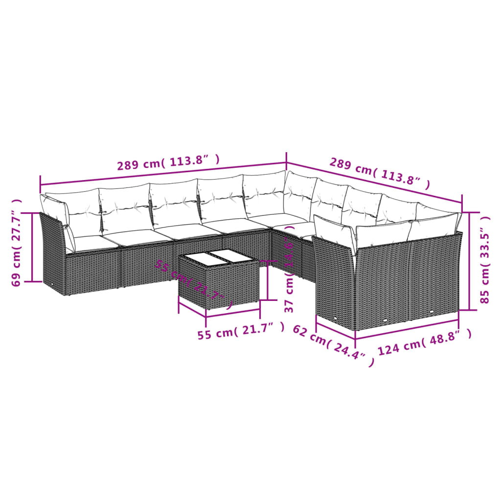 vidaXL Set de sofás de jardín 11 pzas cojines ratán sintético marrón