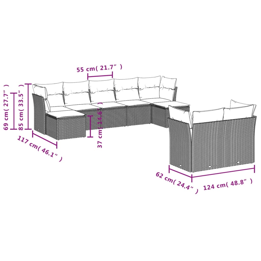 vidaXL Set muebles jardín 9 pzas y cojines ratán sintético gris claro