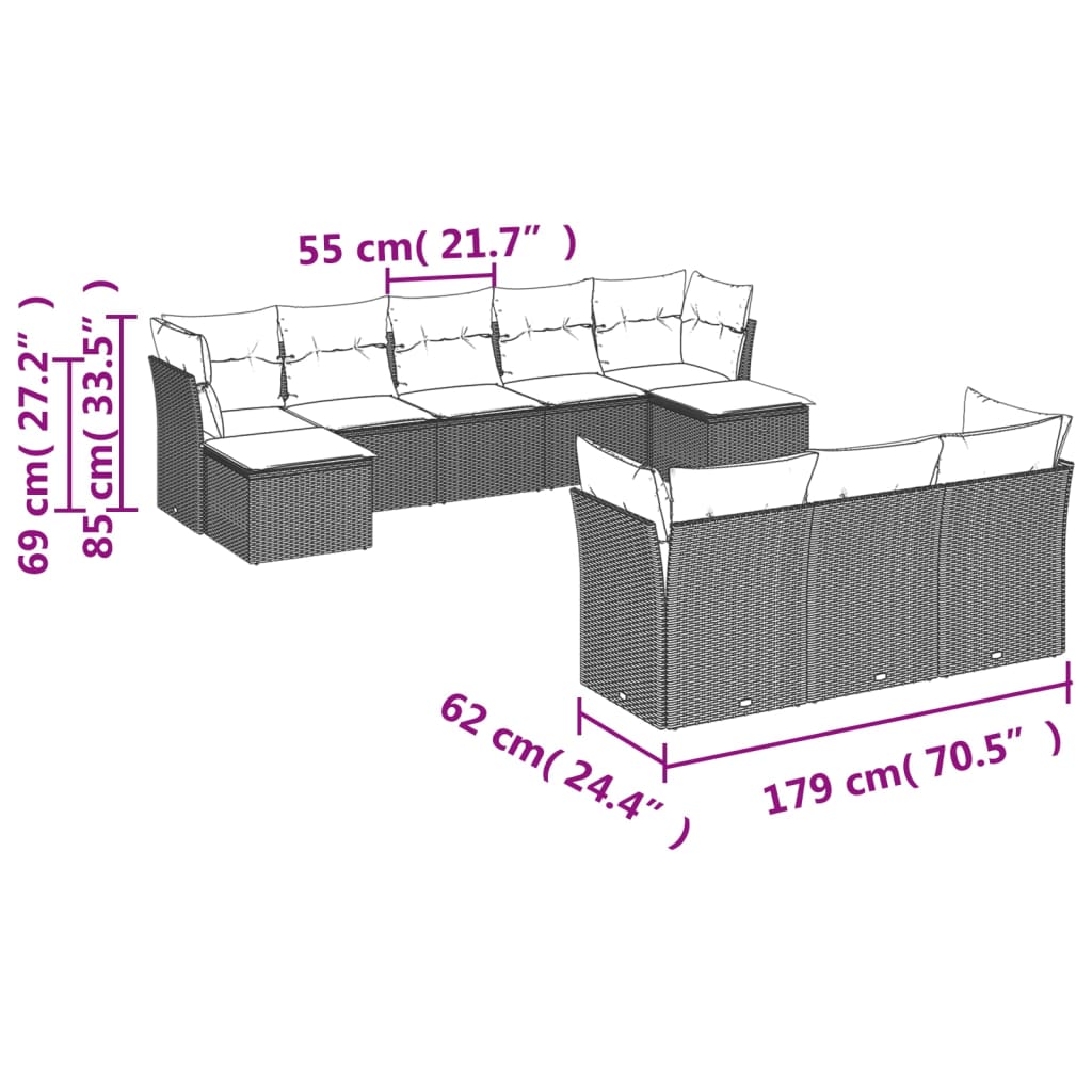 vidaXL Set de sofás de jardín 10 pzas con cojines ratán sintético gris