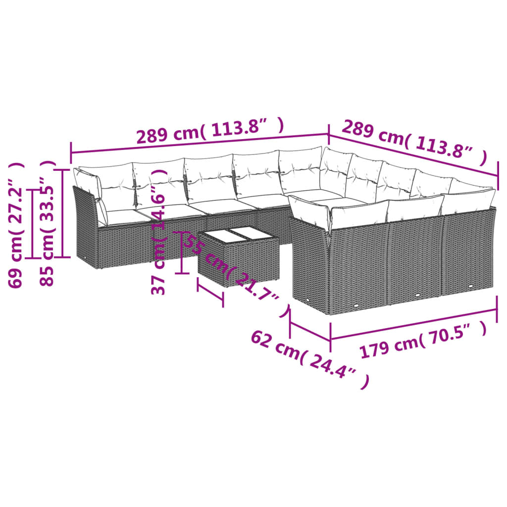 vidaXL Set de sofás de jardín 12 pzas y cojines ratán sintético gris