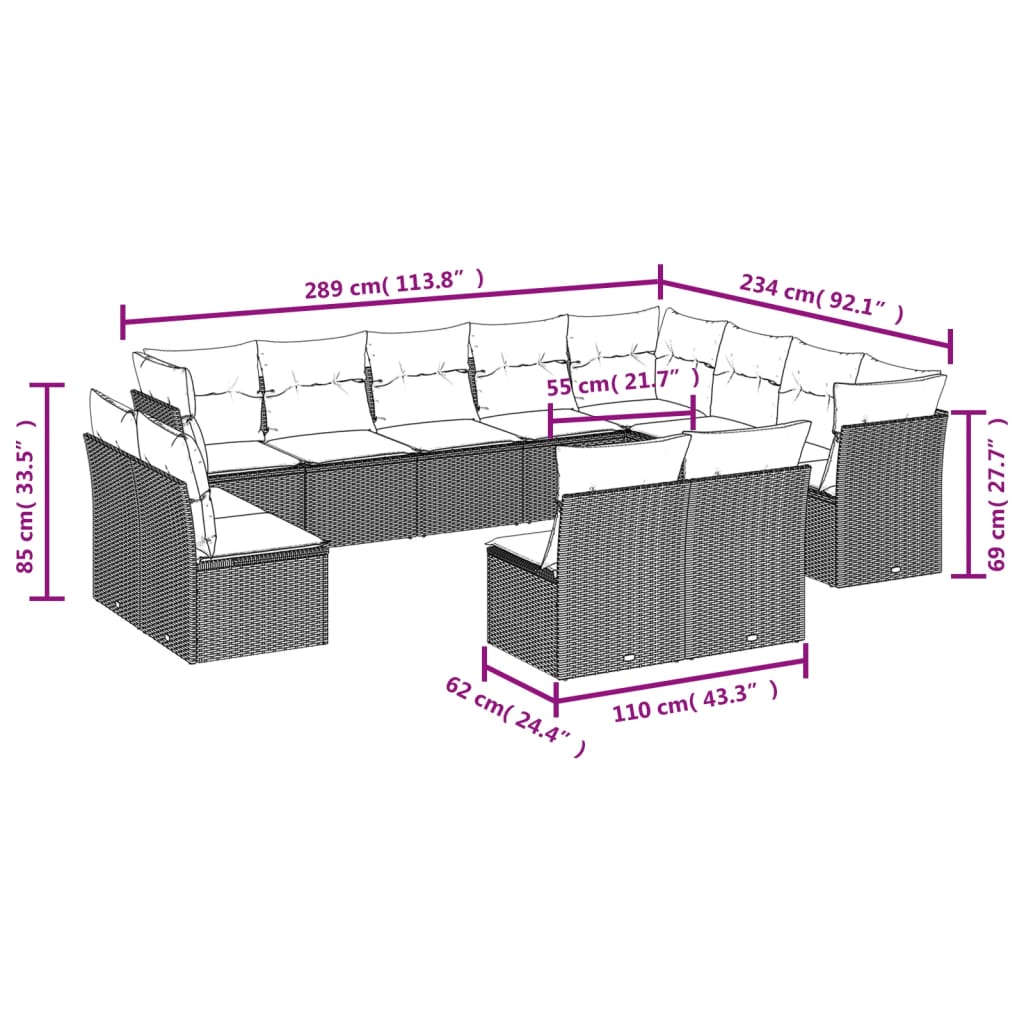 vidaXL Set de sofás de jardín 12 pzas y cojines ratán sintético marrón