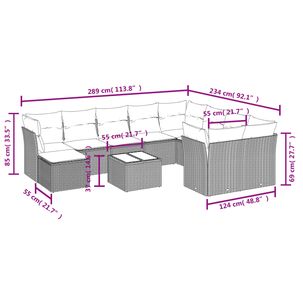 vidaXL Set de sofás de jardín 11 pzas cojines ratán sintético marrón