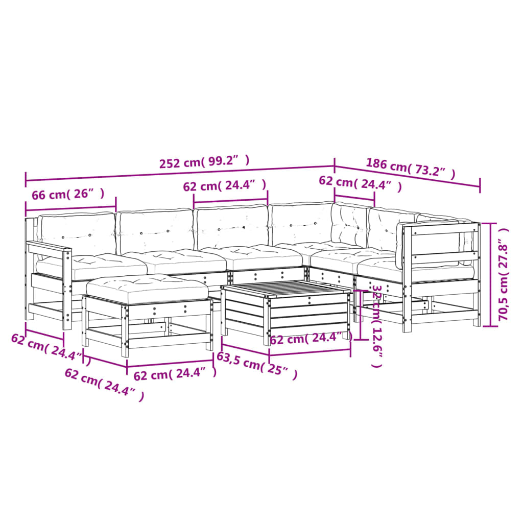 vidaXL Set muebles jardín con cojines 8 pzas madera maciza pino blanco