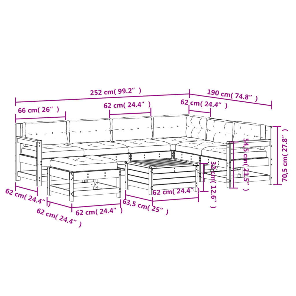 vidaXL Set muebles jardín con cojines 8 pzas madera maciza pino blanco