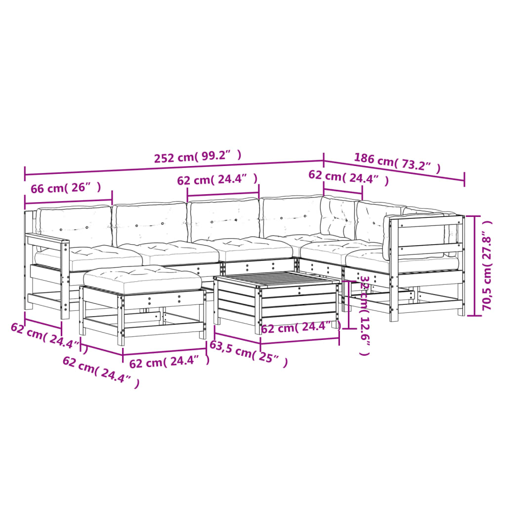 vidaXL Set muebles jardín con cojines 8 pzas madera maciza pino blanco