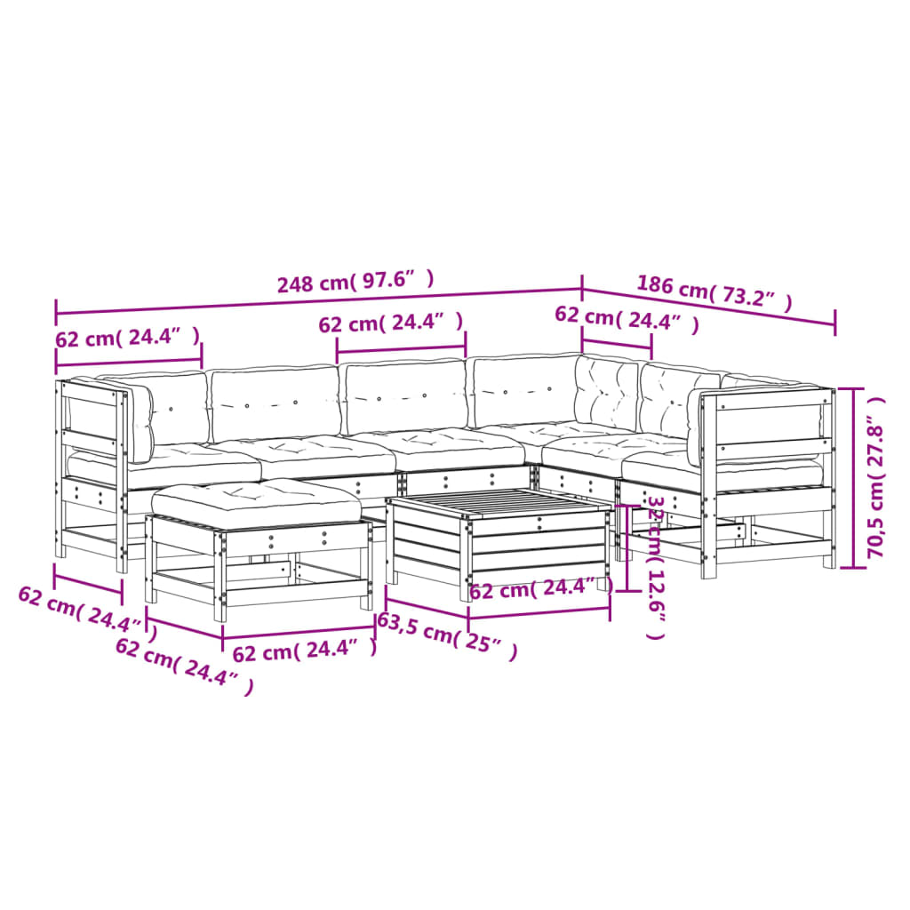 vidaXL Set muebles jardín con cojines 8 pzas madera maciza pino blanco