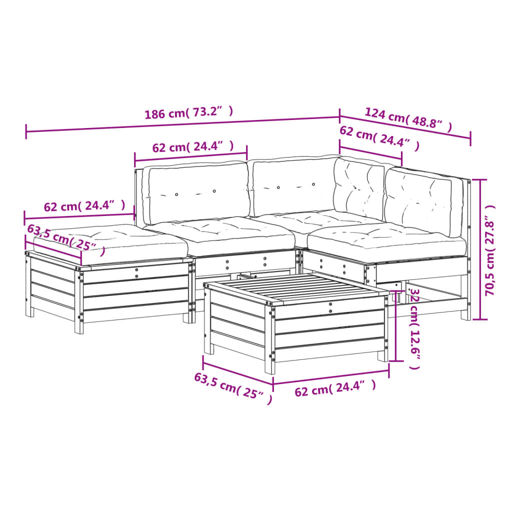 vidaXL Set muebles jardín 5 pzas con cojines madera maciza pino blanco