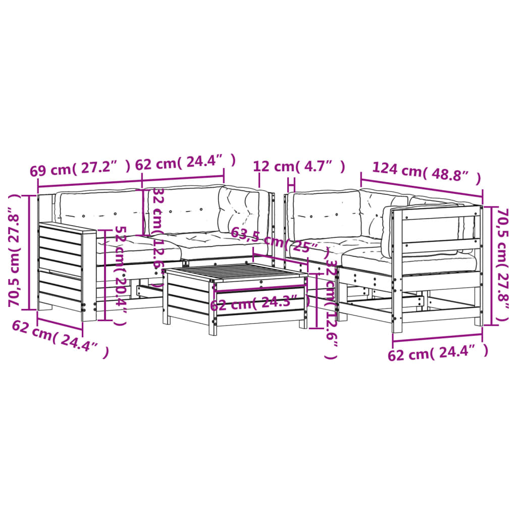 vidaXL Set muebles jardín 5 pzas con cojines madera maciza pino blanco