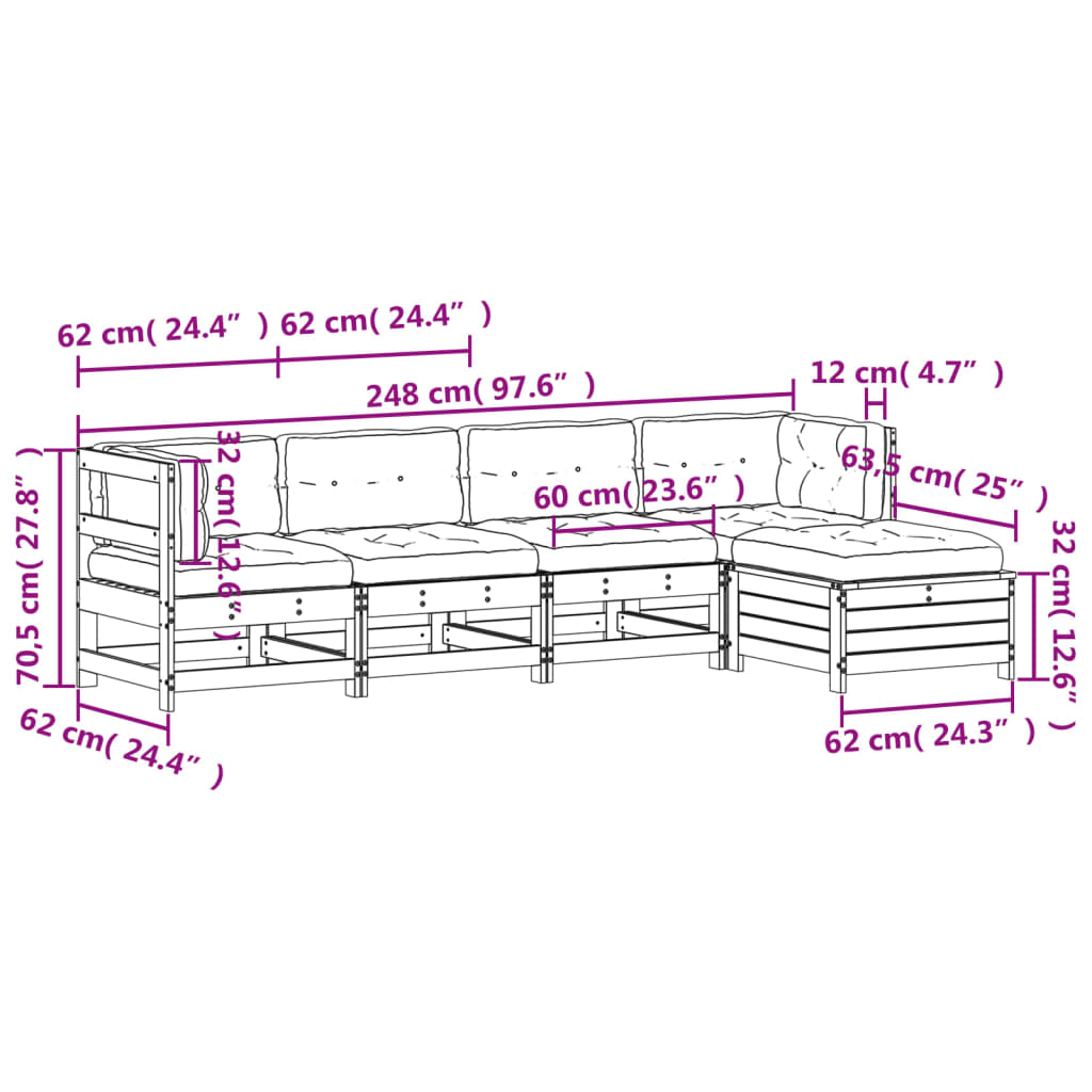 vidaXL Set muebles jardín 5 pzas con cojines madera maciza pino blanco