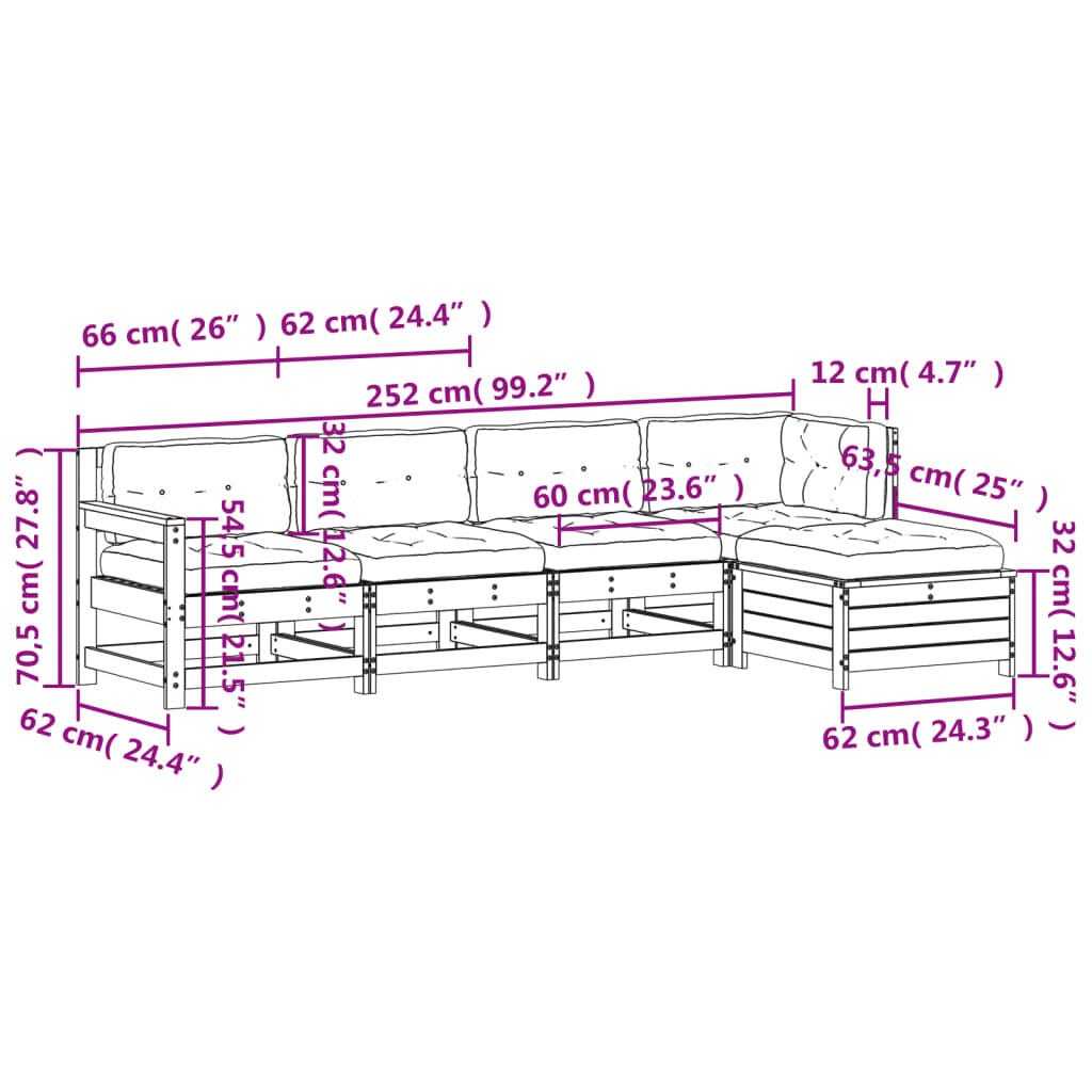 vidaXL Set muebles jardín 5 pzas con cojines madera maciza pino blanco