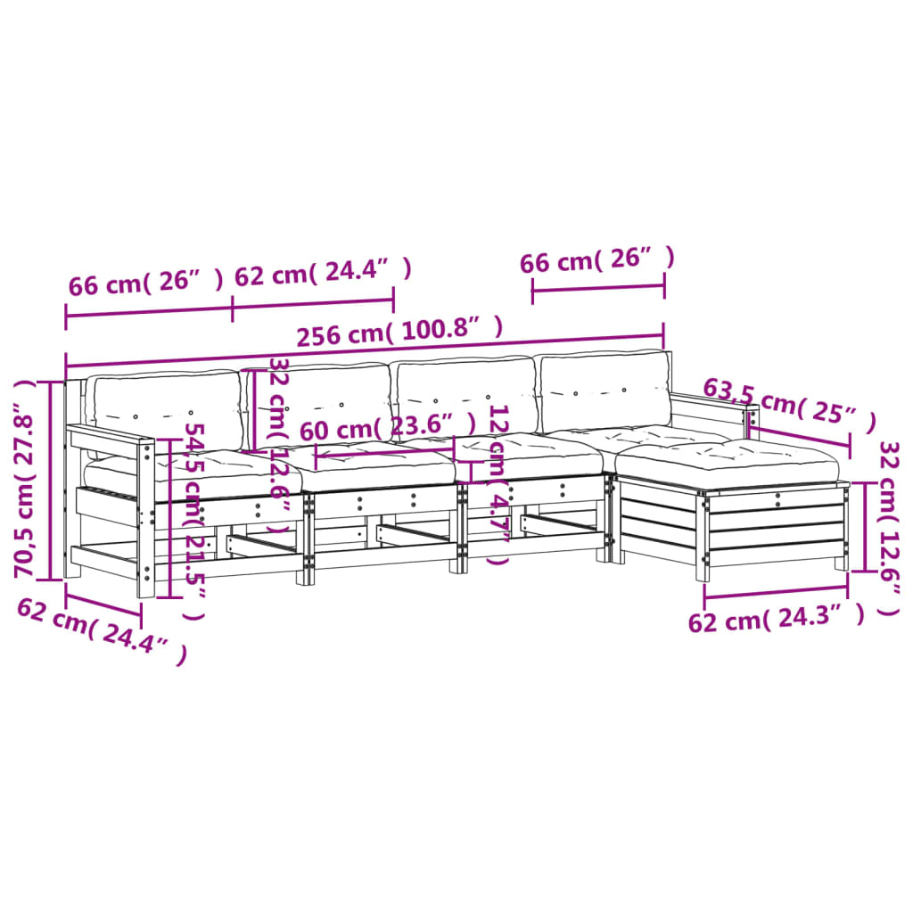 vidaXL Set muebles jardín 5 pzas con cojines madera maciza pino blanco