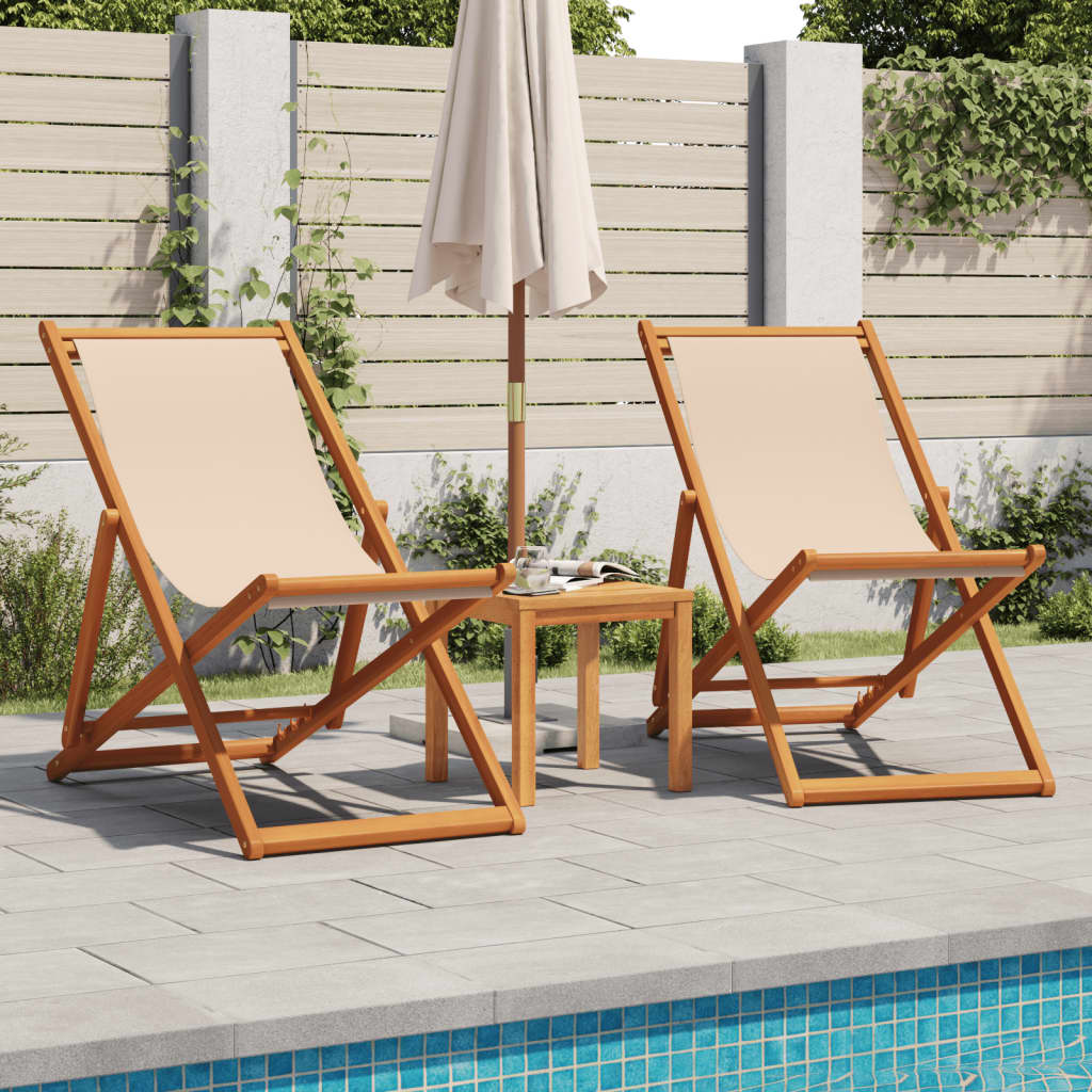 vidaXL Sillas de playa plegables 2 unidades tela y madera maciza beige