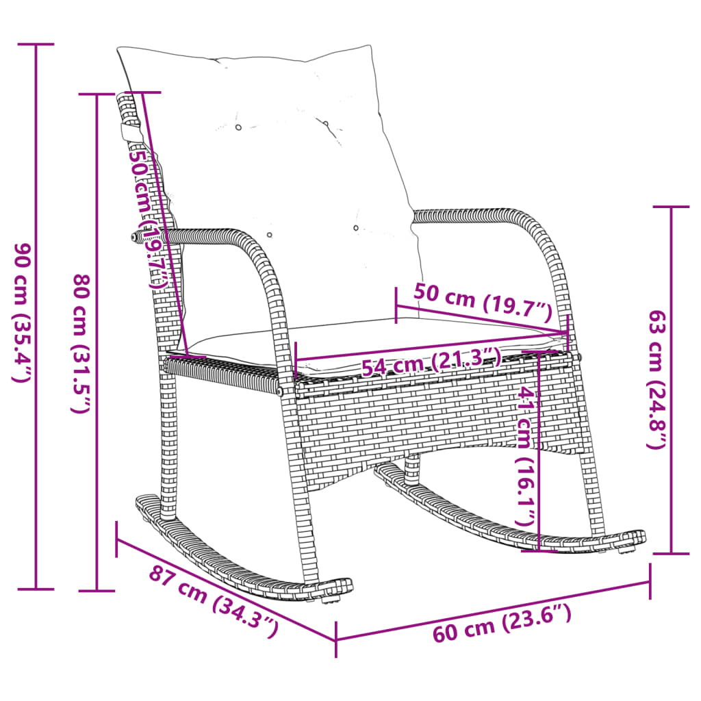 vidaXL Silla mecedora de jardín con cojines ratán sintético marrón